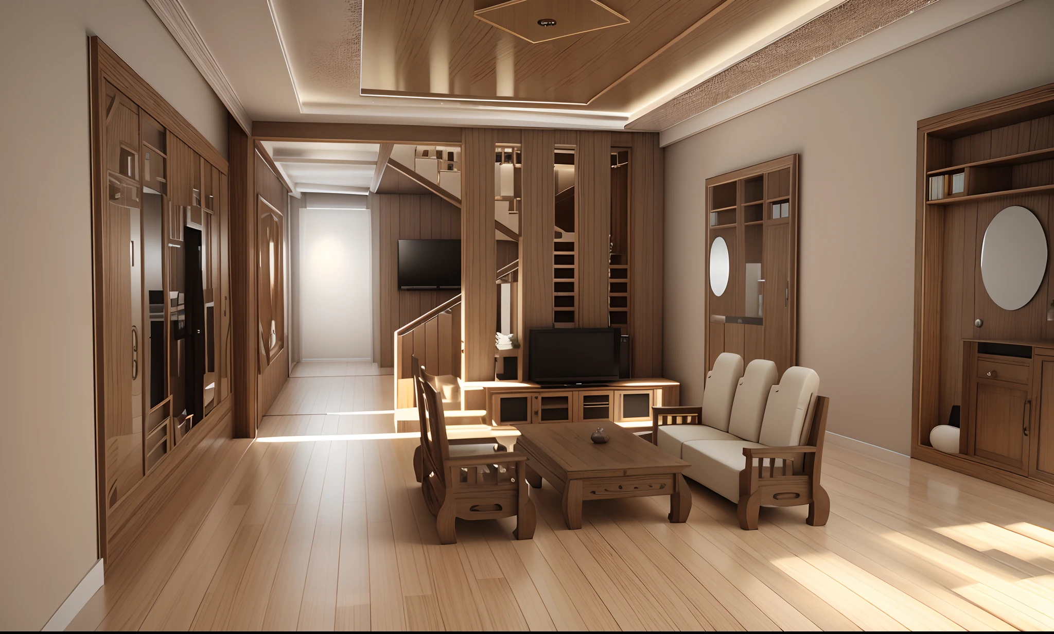 arafed living room with a couch, Cadeiras, e uma mesa, Asian Interior Decoration, highly detailed render, interior altamente detalhado, high quality 3d render, high quality 3d render, Sala de estar japonesa moderna, excellent 3d render, beautifully detailed render, design de interiores da sala de estar, estilo de design de interiores popular, 3d render highly detailed, 3d render highly detailed