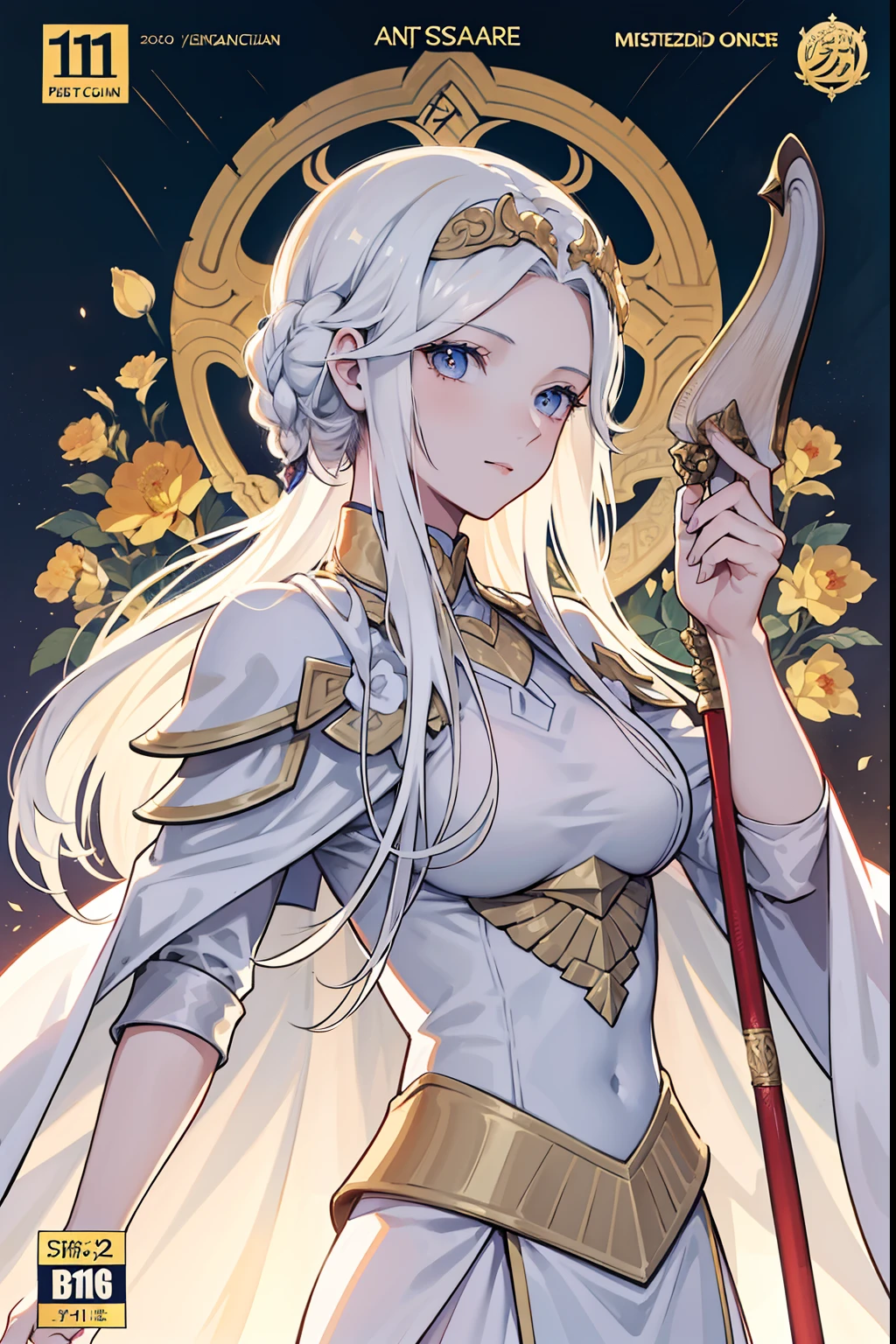 (masuter piece,Best Quality,Ultra-detailed), (A detailed face), Edelgard von Hresvelg, Movie Posters, hight resolution, 1girl in, (front-facing view), (portlate), White hair, length hair、Braided side locks, Gold Eye, Emperor's costume, The upper part of the body, flat-chest, (Beautiful Detail Eye: 1.1), (Detailed hand), (Detail light: 1.1), Desportivo, Film Light, Pale skin type, (looking at the viewers), (magazine:1.3), (cover-style:1.3), Textured skin, Super Detail, Tarot Boundary, border, Alfonse Mucha, Dynamic streaks, locus:1.2, Dim color scheme, portraitures, Look at viewers, 独奏, (full body Esbian:0.6), A detailed face, soft smiling, Dynamic Poses, (Ancient Mesopotamian theme), Sumerian, Mesopotamian mythology, Uruk, ziggurat, Demigod, white robes, laurel, (A thriving civilization), Ancient palaces, stele, particles floating, Fire emblem