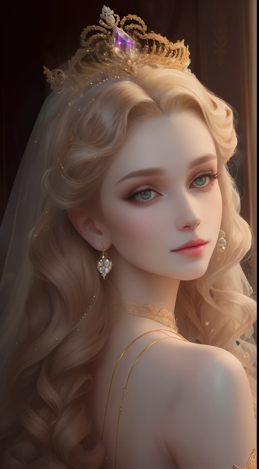 tmasterpiece，Highest high resolution，Soft lighting，Beautiful aristocratic maiden，Delicate coiled hair，curlies，Shining clear eyes，The hair is covered with beautiful and delicate floral jewelry craftsmanship, crystal、diamond jewelly，Ultra-detailed details，upscaled。Pastel, Dreamy, Delicate, Gorgeous golden shell crown, Epic surrealism, The upper part of the body，Meticulous, extremely hyper aesthetic，upscaled