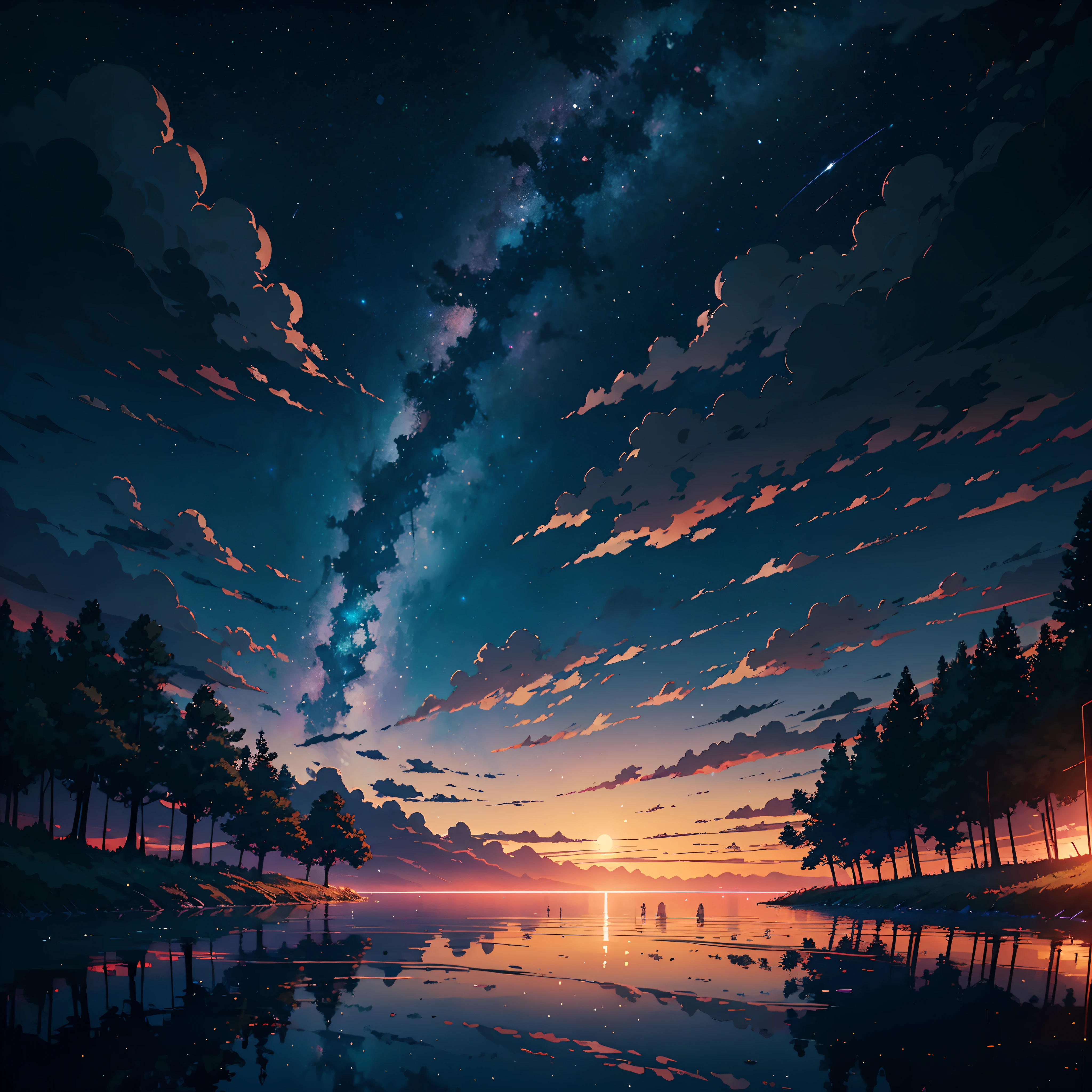 painting of a train track leading into the distance with a sunset in the background, going forward to the sunset, artwork about a road to freedom, rails, makoto shinkai cyril rolando, scenery artwork, inspired by Makoto Shinkai, twilight ; digital painting, dreamlike digital painting, sunset light, inspired by Grzegorz Domaradzki
nighttime scene of a lake with a boat in the water, reflections. by makoto shinkai, beautiful anime scene, cosmic skies. by makoto shinkai, makoto shinkai. —h 2160, dramatic lighting. concept art, night sky reflected in the water, ( ( makoto shinkai ) ), water reflecting suns light
night sky with stars and power lines and trees, moonlit starry sky environment, beautiful anime scene, night under the starry sky, night scenery, beautiful anime scenery, anime landscape wallpaper, anime scenery concept art, anime background art, anime countryside landscape, anime scenery, anime landscape, calm night. digital illustration, anime atmospheric, cosmic skies. by makoto shinkai