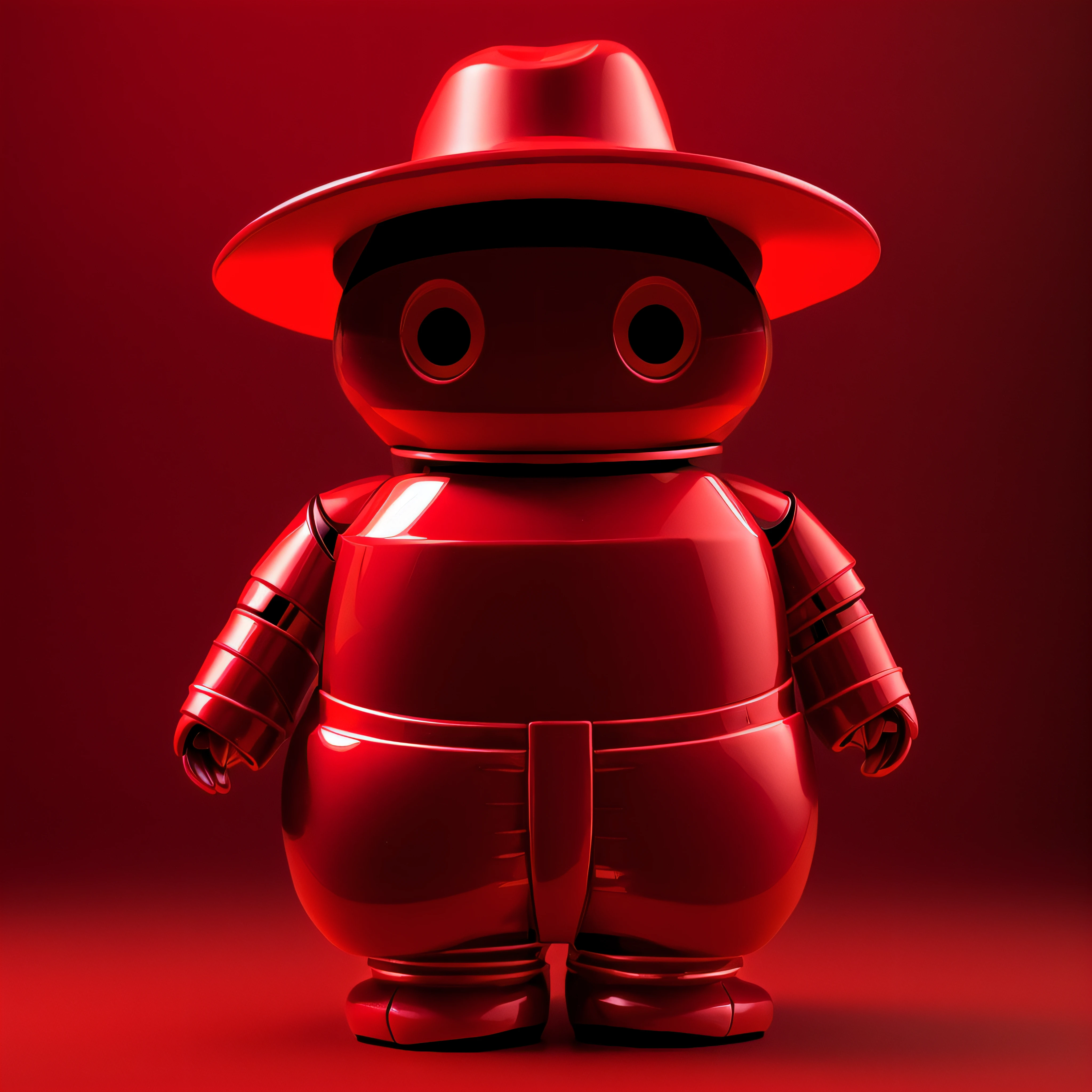 there is a red robot with a hat and a red hat, 3d model of a japanese mascot, vinyl designer toy, frank kozik, red realistic 3 d render, sofubi, red mechanical body, depicted as a 3 d render, glowing red, vinyl toy figurine, character with a hat, he has a red hat, safebooru