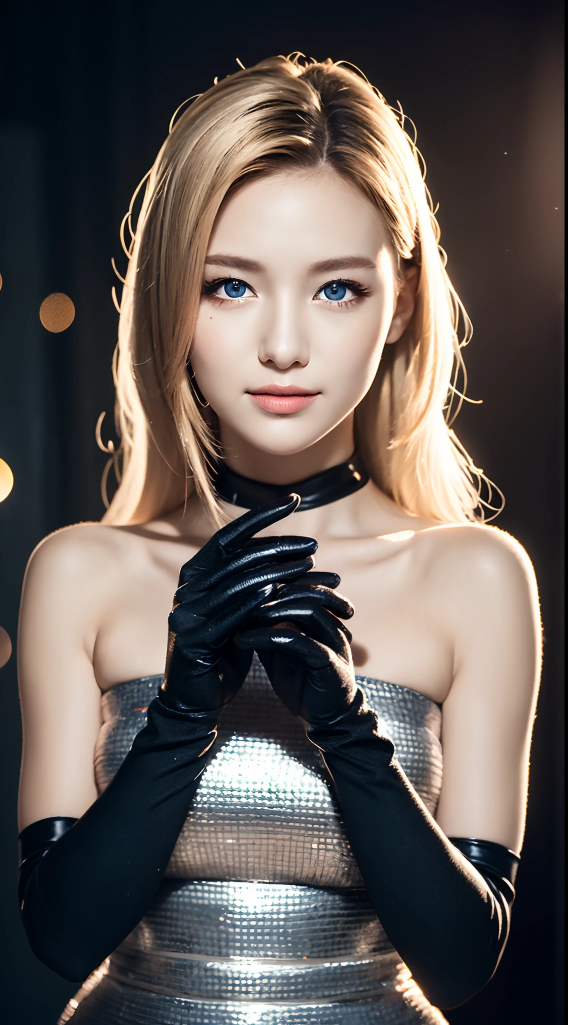Tin armor gloves,Tall girl,(Long blonde hair 1.3,Details Hair 1.3,wavy and long hair),"Light blue eyes 1.2,The pupils shine with shining stars",Fine depiction of facial skin,seduct smile,Realistic style photos,High-quality direct shooting,