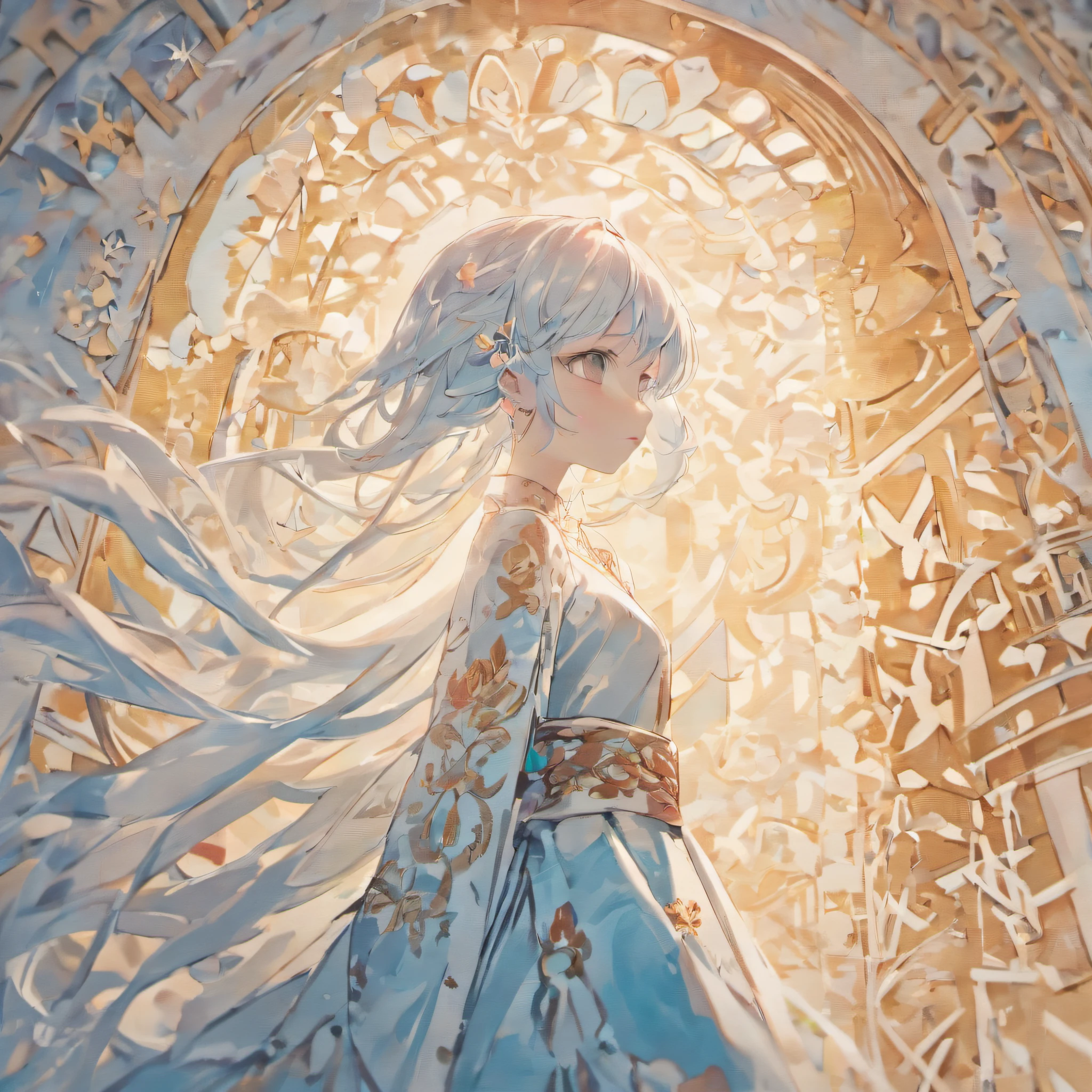 (White background:1.4),(Silhouette of a girl's head, Eyes closed, Long light blue hair, Oriental elements),White dress roadshoulder design,(Chinese illustration:1.3,paper art:1.3, Quilted paper art:1.2),( reasonable design, Clear lines, High sharpness,Best quality, Very detailed, Masterpiece, movie light effect, 4K )