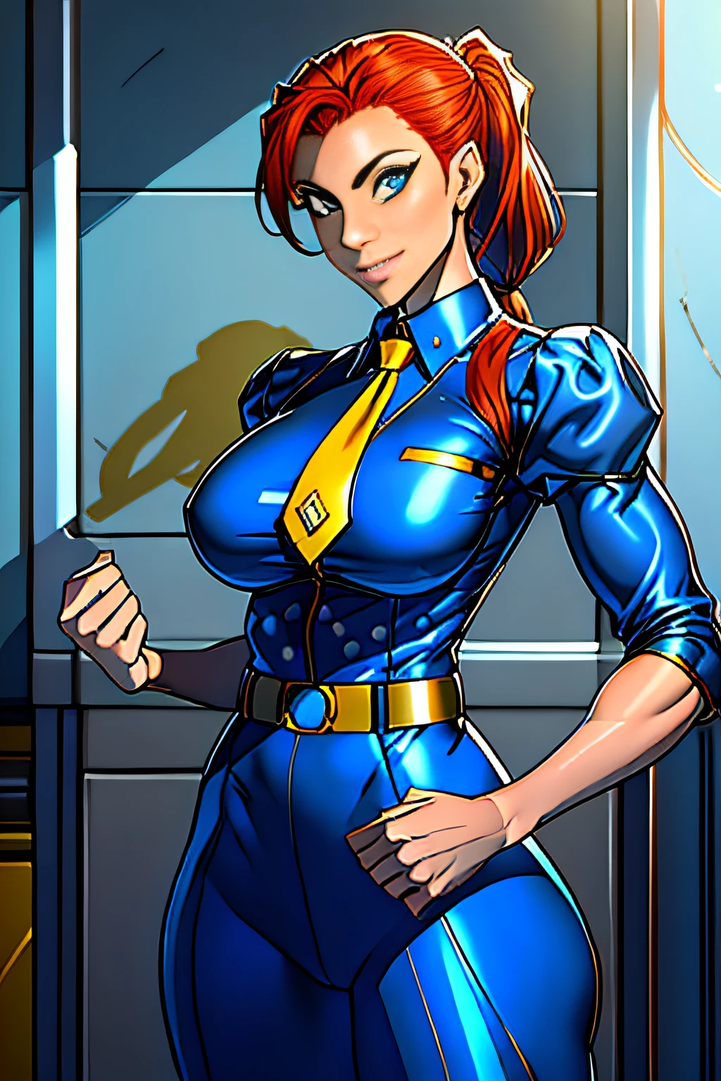 1 Air Force officer in Alafe、Big breasts about to burst、thin and long legs,、Redhead blue eyes、Pony tail、Fitness Model、musculature、abdominals、Metallic Yellow Jacket、Metallic white shirt、a belt、neck tie、Five-fingered、glistning skin、Cool smile、Pose ready to fight