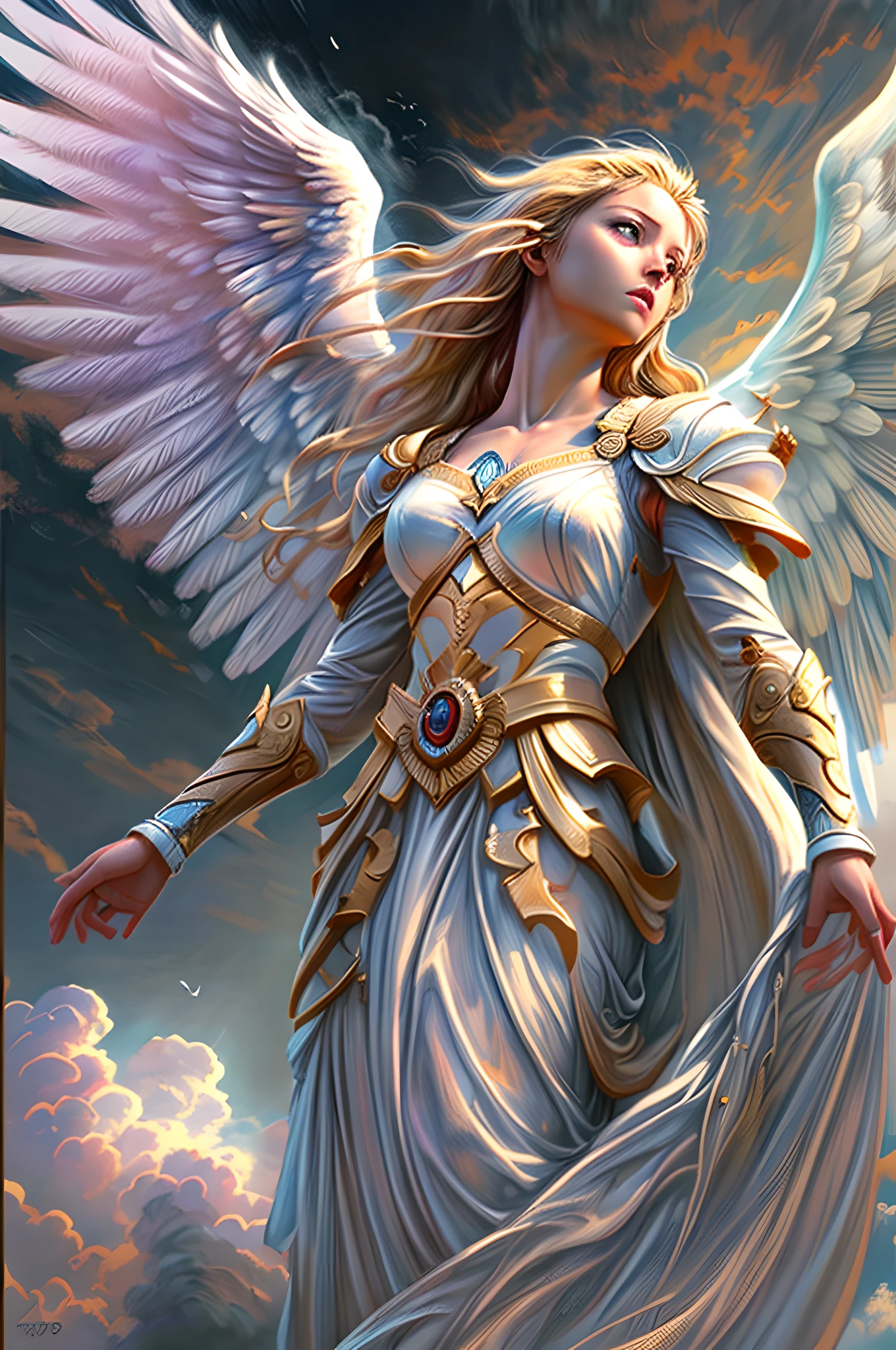 a picture of an archangel, flying in the sky (best details, Masterpiece, best quality :1.5), cloudy skies background, an epic a female angel (best details, Masterpiece, best quality :1.5) extremely beautiful woman angel,  blond hair, intense eye, angel_wings, angel wings wide spread, ultra feminine, ultra detailed face, wearing heavenly armor,  birds view, sun rays, divine rays, sense of divinity, sense of awe majestic atmosphere, ultra best realistic, best details, best quality, 16k, [ultra detailed], masterpiece, best quality, (extremely detailed), ultra wide shot, photorealism, depth of field, hyper realistic painting,