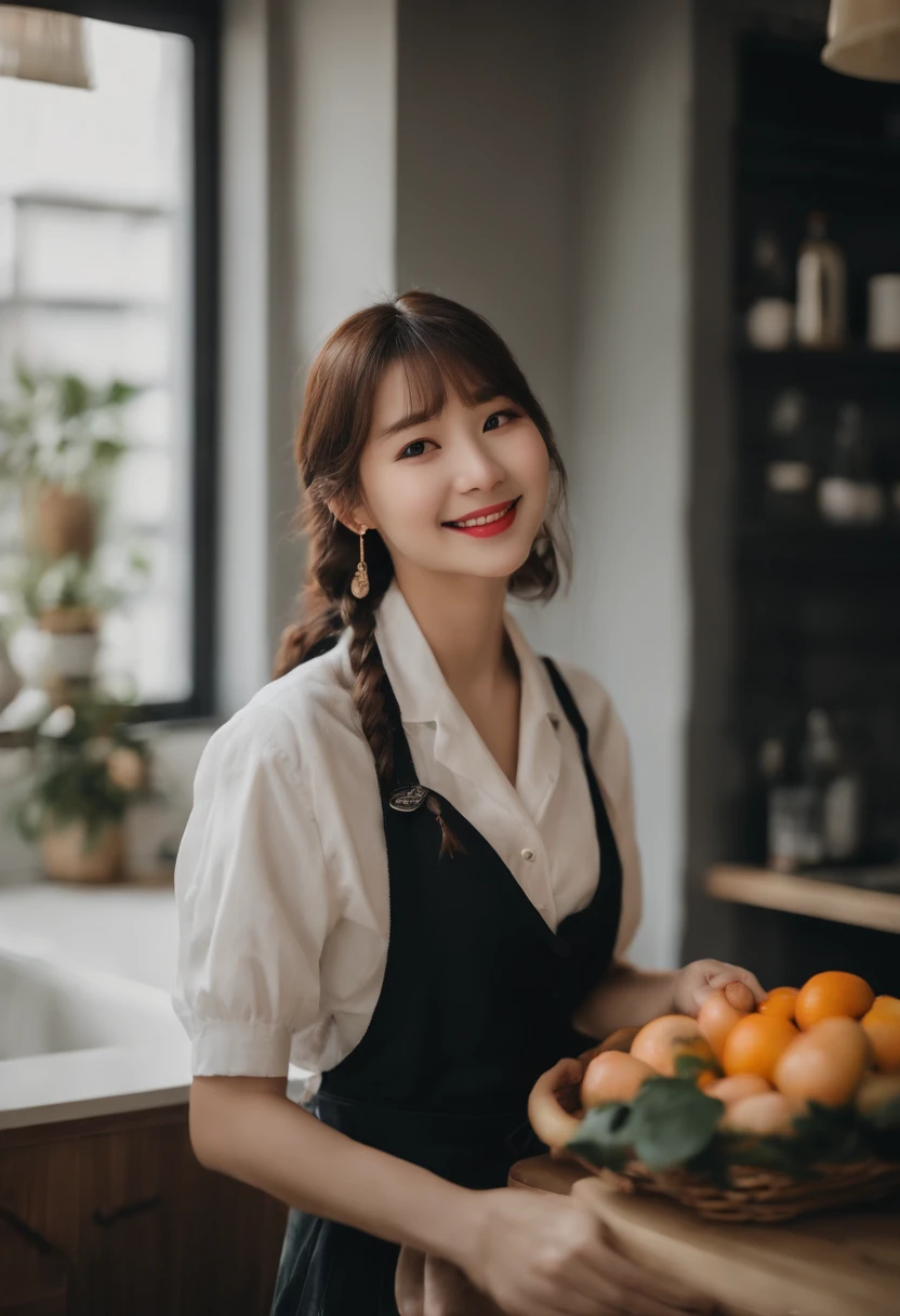 (in 8K、Raw photography、Top image quality、​masterpiece:1.2)、(real picture:1.6)、(​masterpiece)、(Top image quality:1.0)、(Ultra Hi-Res:1.0),((Cute Girl)),20 years old,no-makeup,((Huge breasts,drooping chest:1.2)),Smile Face,The Gaze of Love,Brunette braid on both sides,Bangs,White apron
