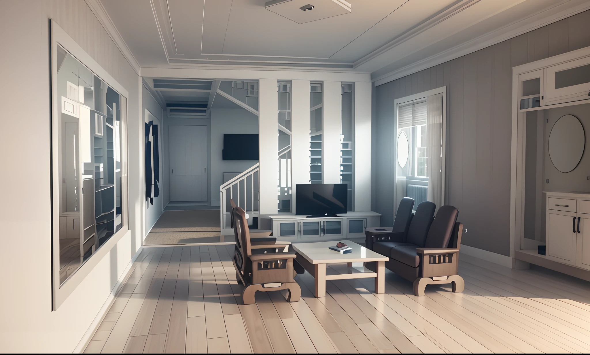 there is a drawing of a room with a desk and chairs, interior living room, 3 d rendering, 3d rendering, interior of a living room, house interior, render vray, with 3d render, with 3 d render, an interior of room, interior room, high detail 3 d render, render in vray, render 3 d, interior of room