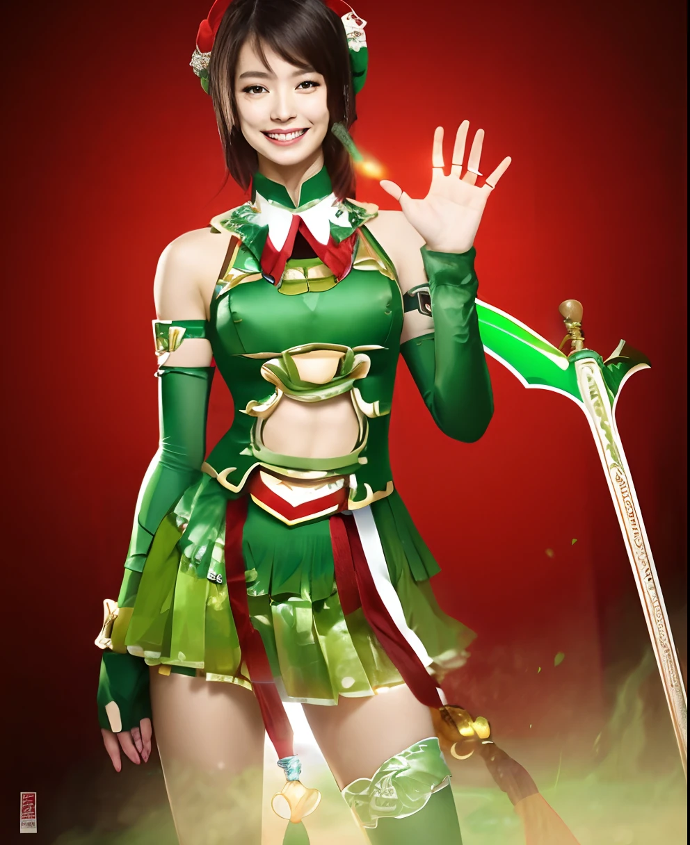 Smiling woman in green and red costume holding sword