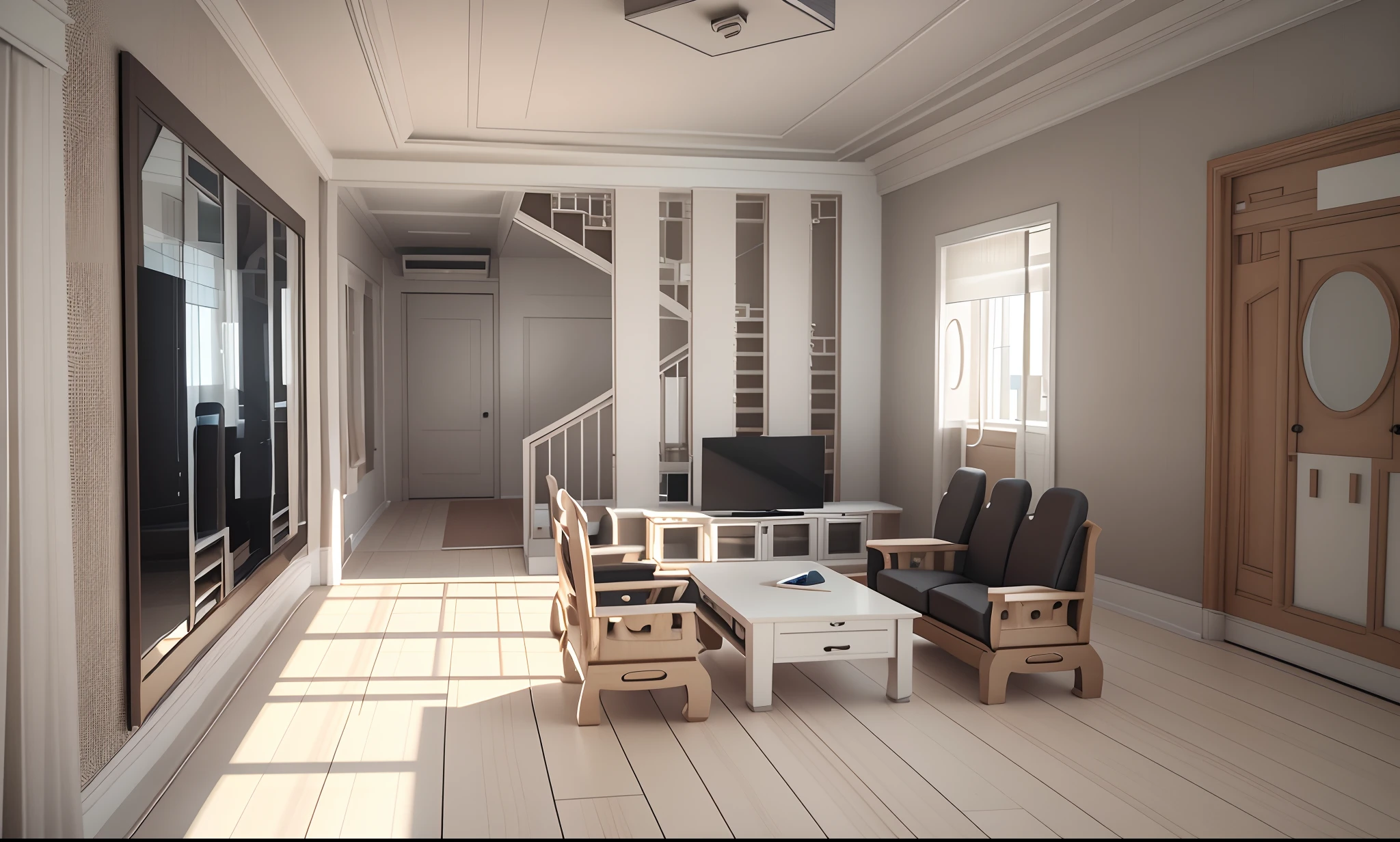 there is a drawing of a room with a desk and chairs, interior living room, 3 d rendering, 3d rendering, interior of a living room, house interior, render vray, with 3d render, with 3 d render, an interior of room, interior room, high detail 3 d render, render in vray, render 3 d, interior of room
