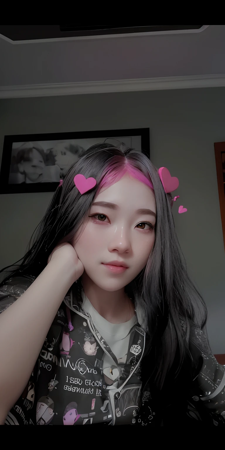 a close up of a woman with pink hair and a shirt, ruan cute vtuber, with long hair, she has a cute face, small heart - shaped face, low quality video, low quality photograph, with kind face, low quality grainy, with instagram filters, with accurate face, 🤤 girl portrait, grainy low quality, asian face
