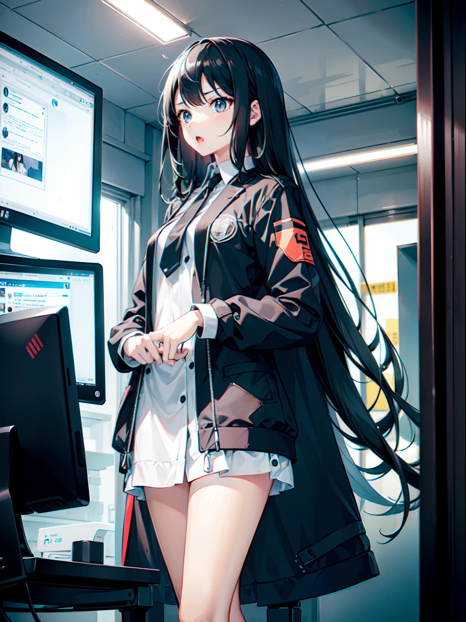 one girls, Black hair, length hair, Computer Lab, a computer, serious faces, Open mouth, suits, Sense of urgency, high-level image quality, High Quality, Delicate illustration, Ultra-delicate,