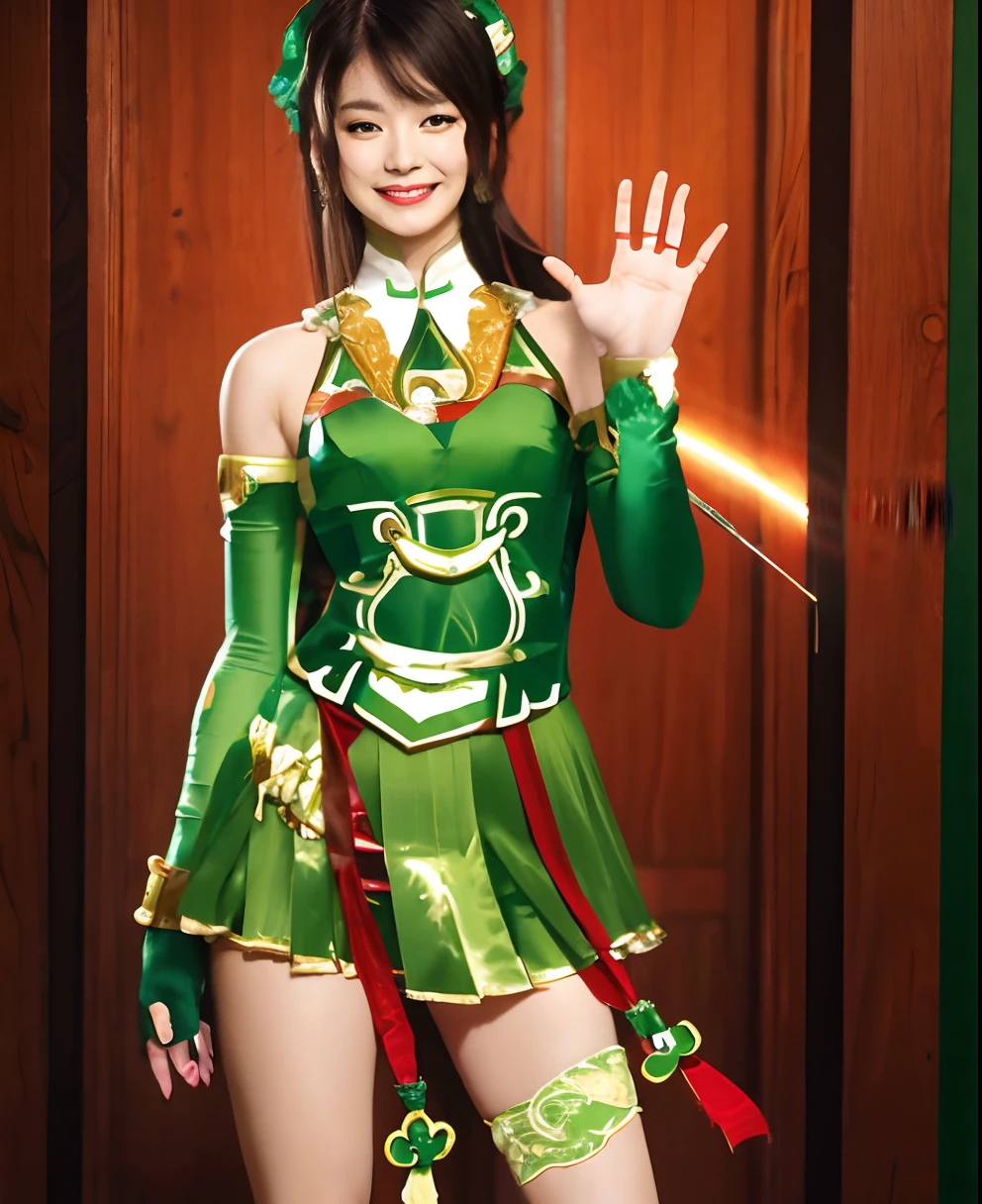 Smiling woman in green and red costume holding sword