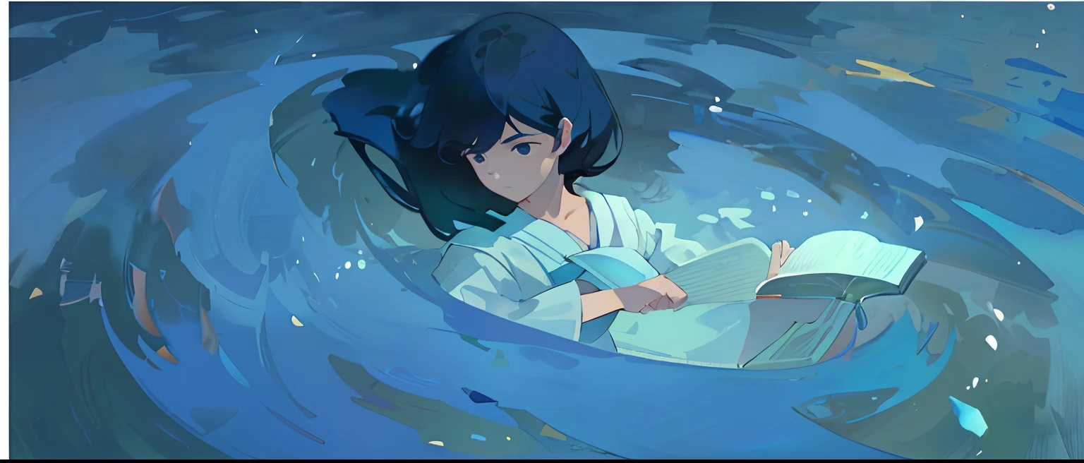 A close-up of a man holding a book in the water, by Atey Ghailan, Inspired by Atey ghailan, in style of atey ghailan, Artgerm and Atey Ghailan, atey ghailan 8 k, floating drowned, inspired by Ross Tran, Guviz-style artwork, brittney lee