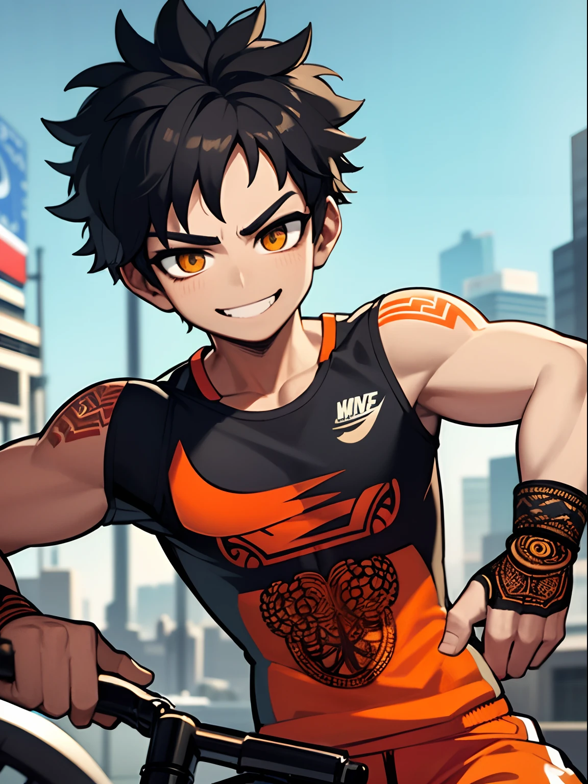 (masterpiece, best quality), 1boy, perfectly shredded body, black hair, looking at viewer, blurry foreground, upper body, tattoos, contemporary, bikes, ((intricate, print, pattern)), afro, perfect jawline, black hair, dappled sunlight, devious smile, happy, wearing orange nike tracksuit, nike sneakers