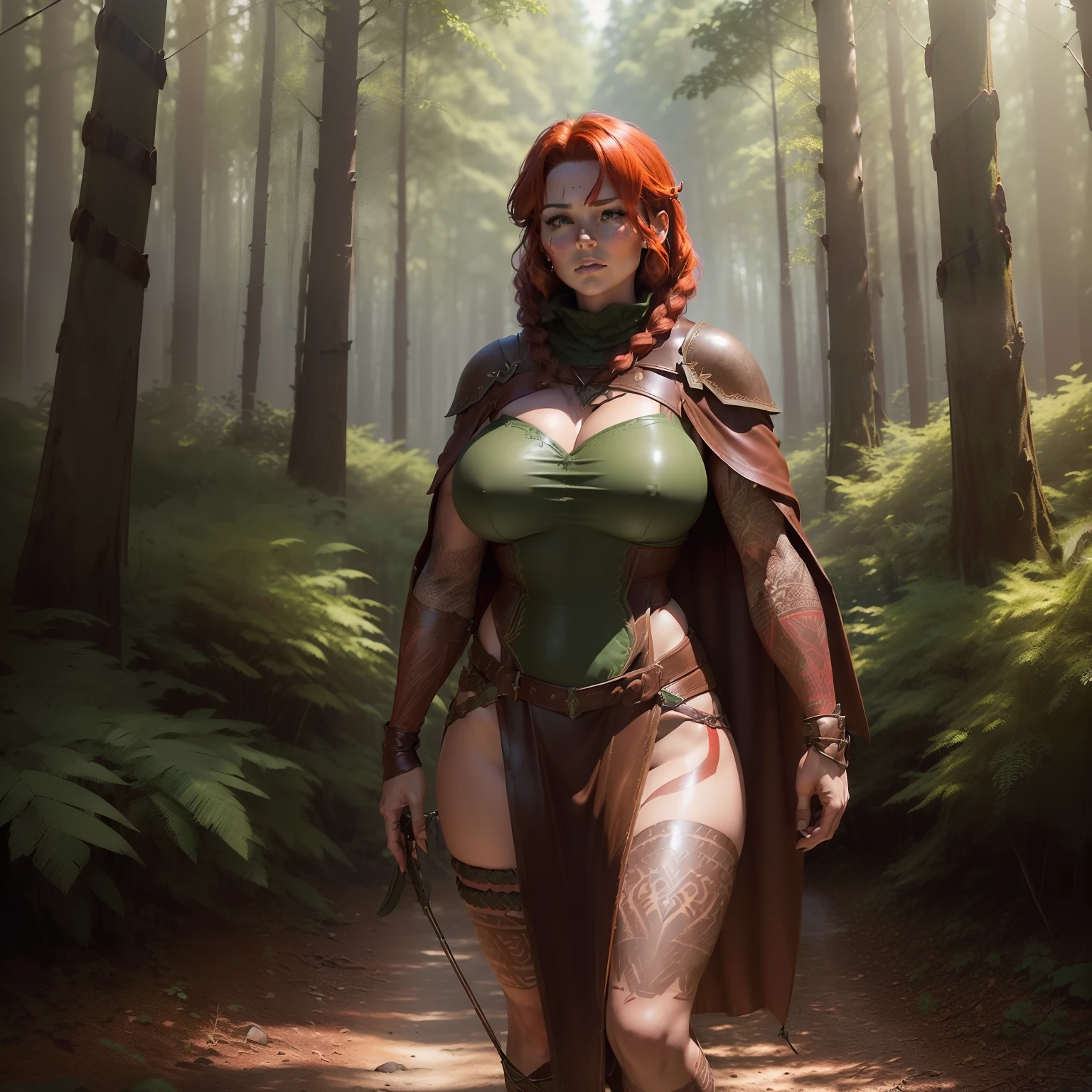 (((brown wild leather armor))) (((short cape))) (((beautiful woman))) ((fantasy theme))) (((Forest Hunter))) (((longbow in hand) ) ) (((big breasts))) (((short red hair with braided strands))) (((full body standing))) (((woman in the forest))) (((tribal green tattoo))) (((archery in the woods))) (((Woman alone)))