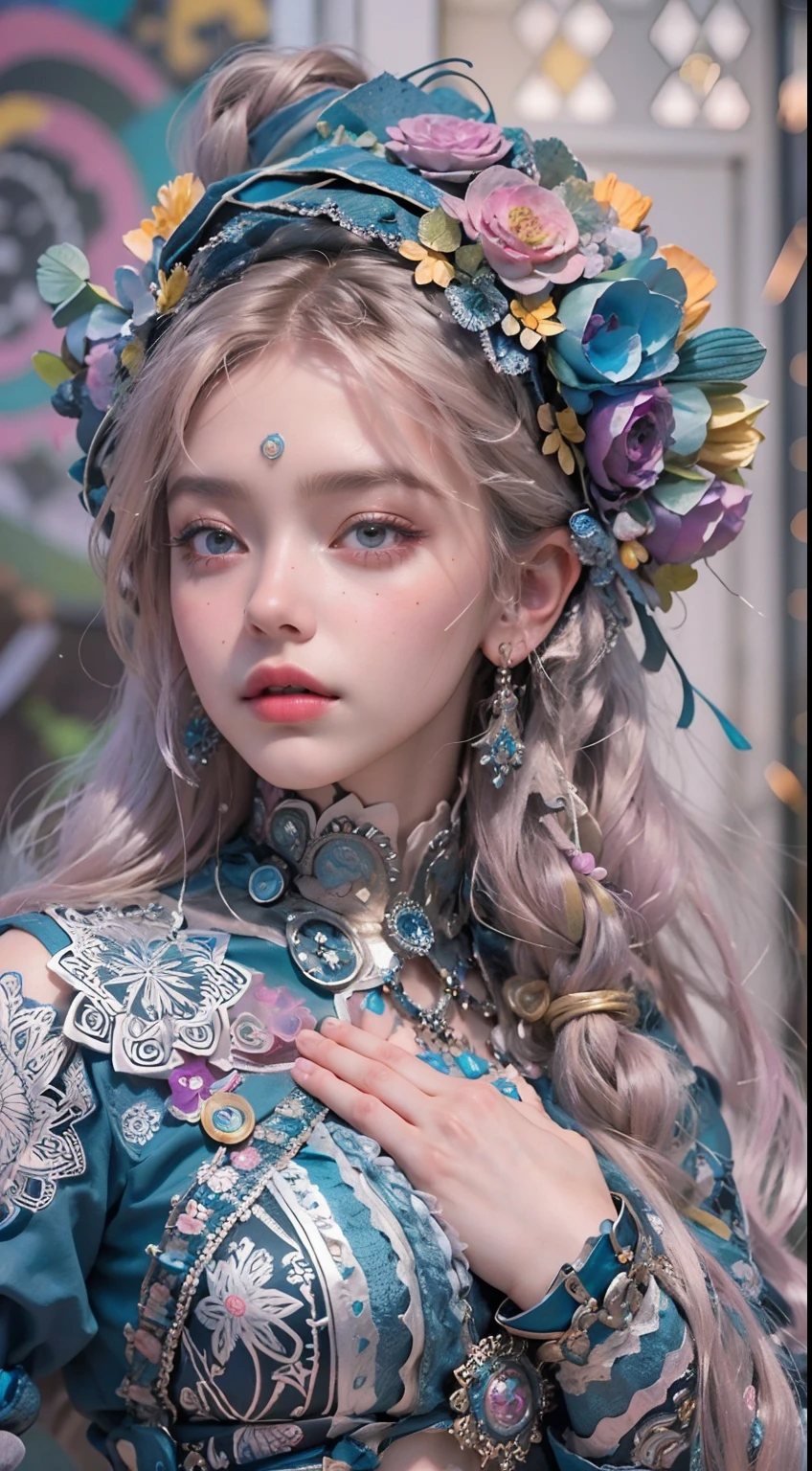offcial art, Unity 8k wallpaper, Ultra detailed, Beautiful and aesthetic, Beautiful, Masterpiece, Best quality, (zentangle, mandalas, Tangled, entangle), 8K, Skin texture:1.4, tmasterpiece:1.4,Pose behind beauty,(Cyberpunk style ta costume in random colors),