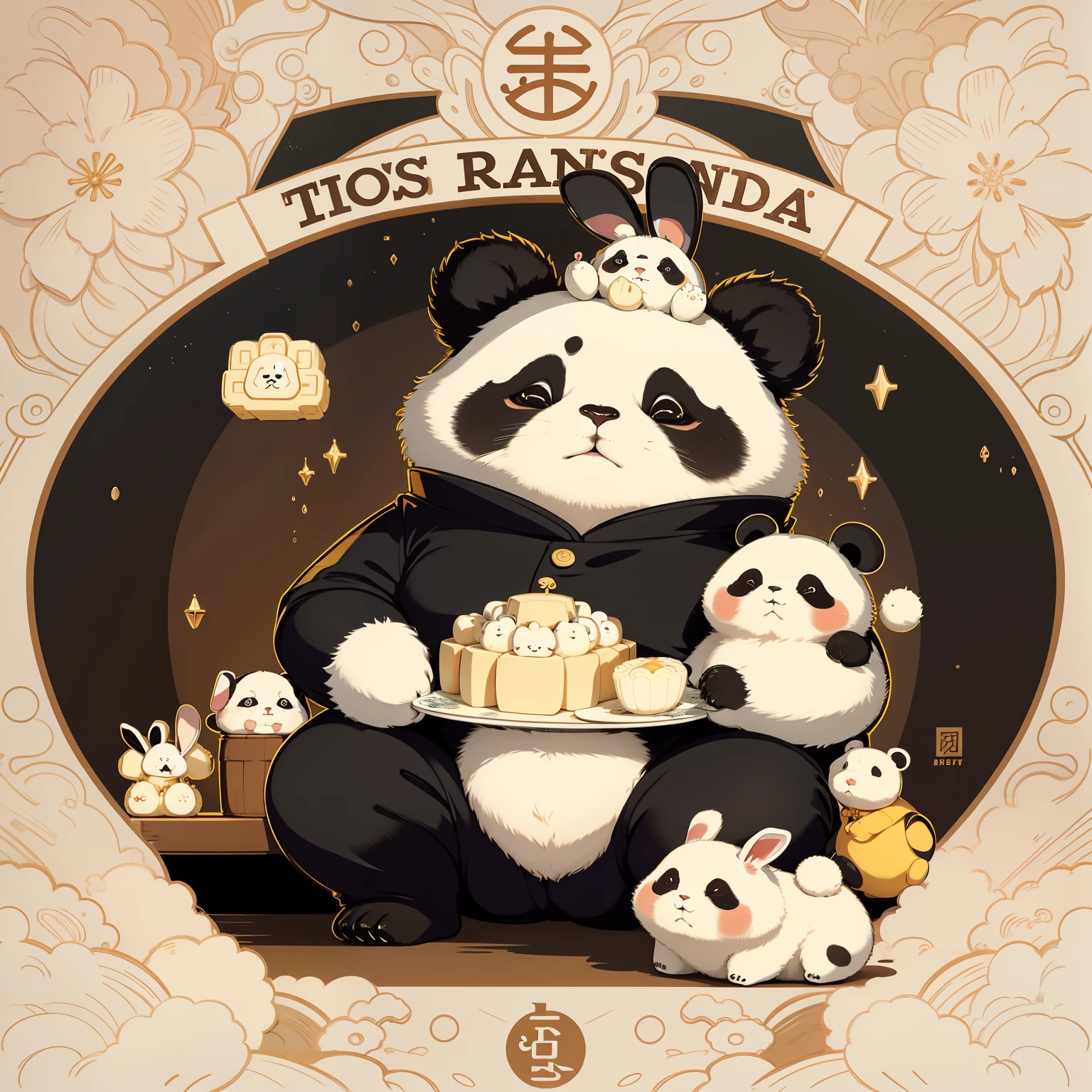 The chubby panda sits in front of it and eats mooncakes, There is a small rabbit on the head,The expression is gentle and cute,Very Q