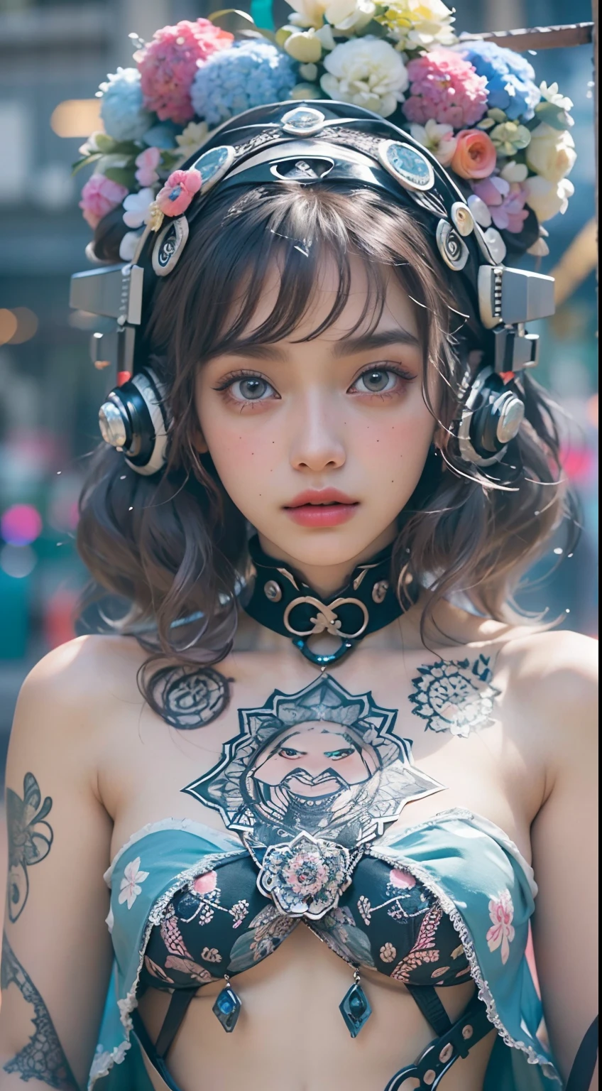 offcial art, Unity 8k wallpaper, Ultra detailed, Beautiful and aesthetic, Beautiful, Masterpiece, Best quality, (zentangle, mandalas, Tangled, entangle), 8K, Skin texture:1.4, tmasterpiece:1.4,Pose behind beauty,(Cyberpunk style Lolita costume in random colors),
