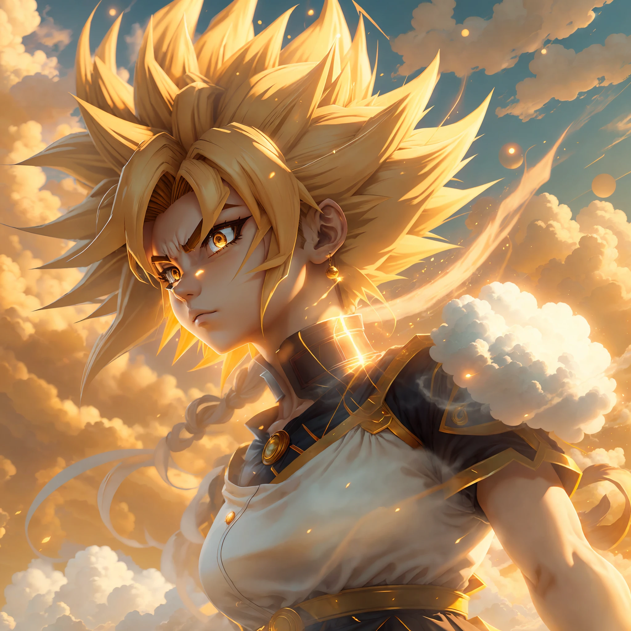 ((Masterpiece)), ((best quality)), ((super detailed)), (highly detailed CG illustration), stunning black and gold background, sky white cloud background, a cosplay super Saiyan Sun Goku girl standing on a yellow cloud, the cloud is too fast to pull out a long line