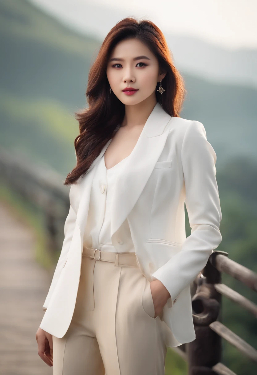 an elegant and attractive 20 years old Taiwanese lady in a white suit