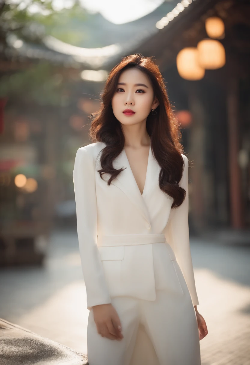 an elegant and attractive 20 years old Taiwanese lady in a white suit