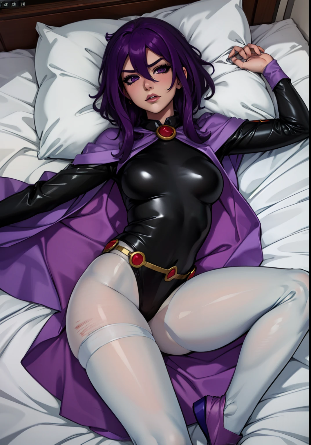 la chica ,lie on the bed，Sheets are wrinkled, legs are open，There is white fluid in the thighs and abdomen，tired  expression，Hay un rubor en la cara，corto, Purple hair is messy，sin fondo。NSFW, Hentai