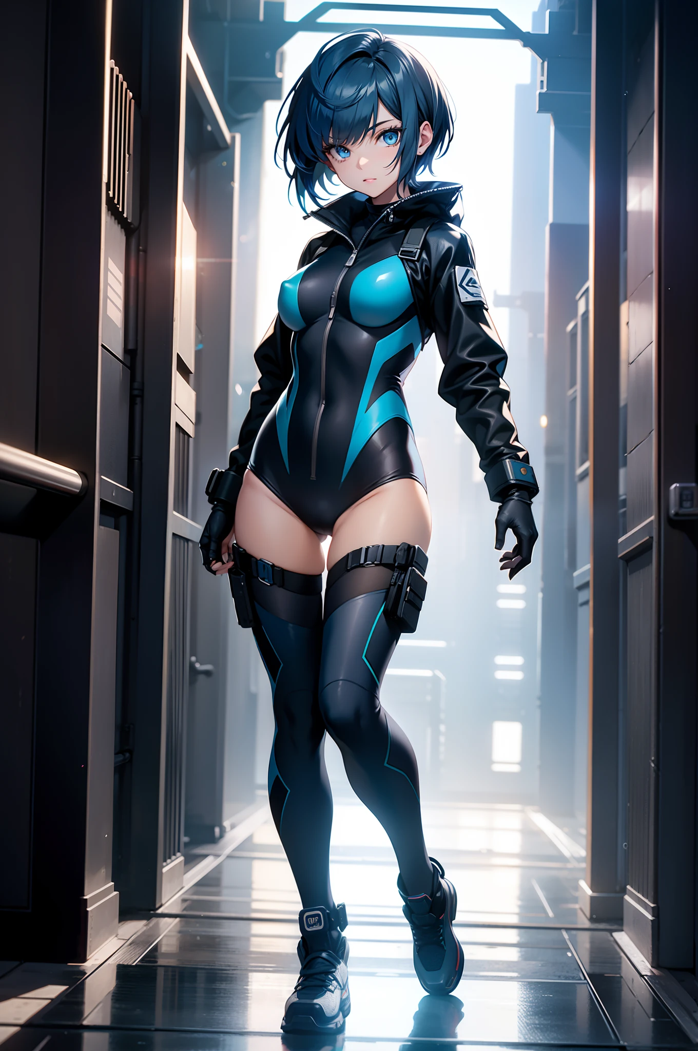 1girl, older, full body, techwear, swimsuit, blue eyes, ultrasharp, short hair, 8k, looking at viewer