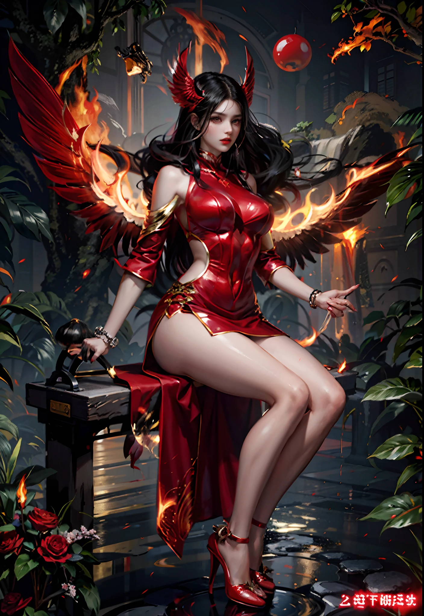 cabelos preto e longos,Perfect face shape,Red clothes,Fire-red wings,Long white legs,Slim waist,Bumpy figure,Red high heels with gold wire trim,