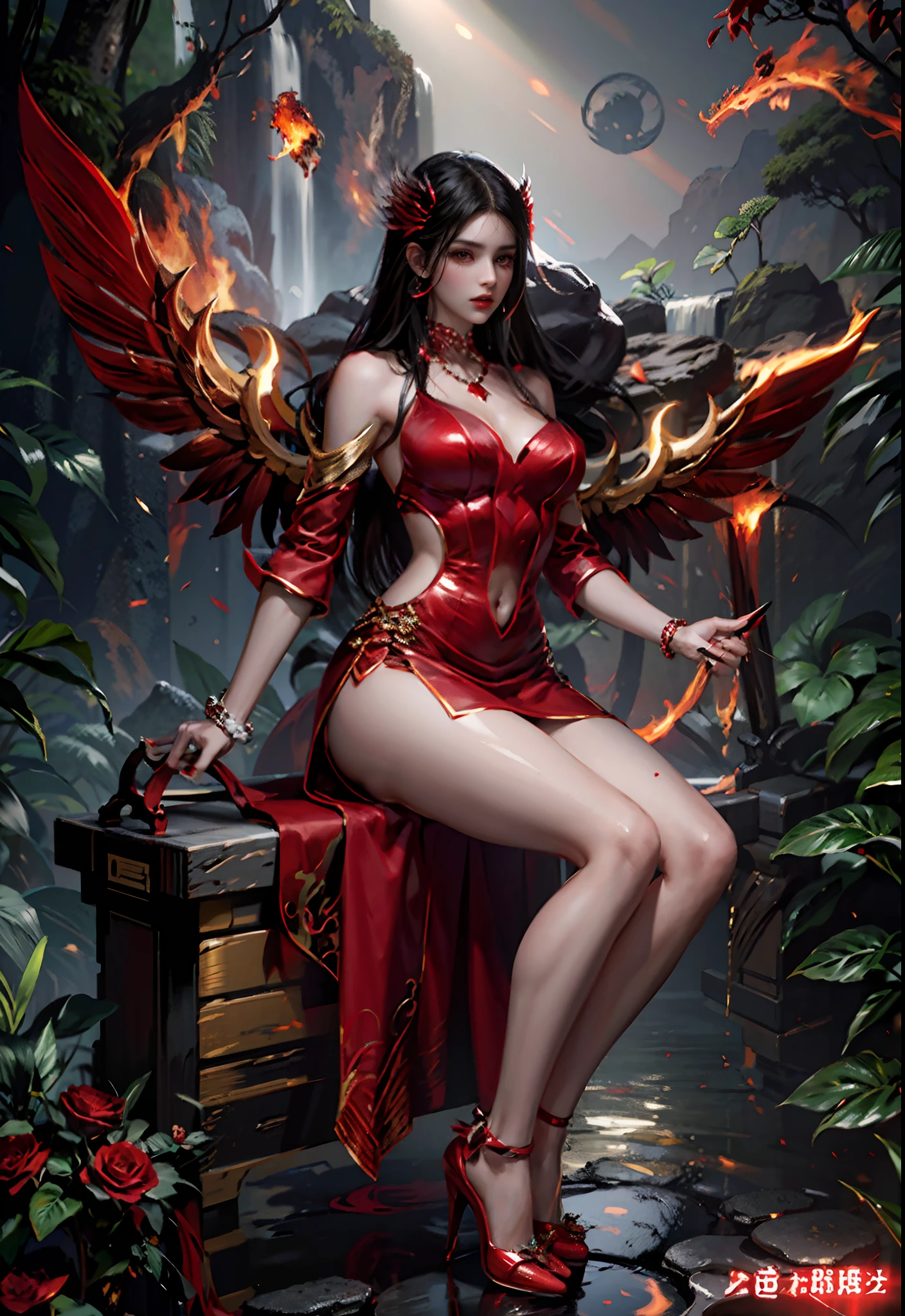 ((beautiful sexy red dragon woman)) with a (silver dress) and (gold leaves) with ((white streaks)) ; (intricate detail) ; high-quality ; (ornate motifs) ; (flowing hair) ; centered ; (symmetric face) ; ArtStation ; wlop ; (greg rutkowski)