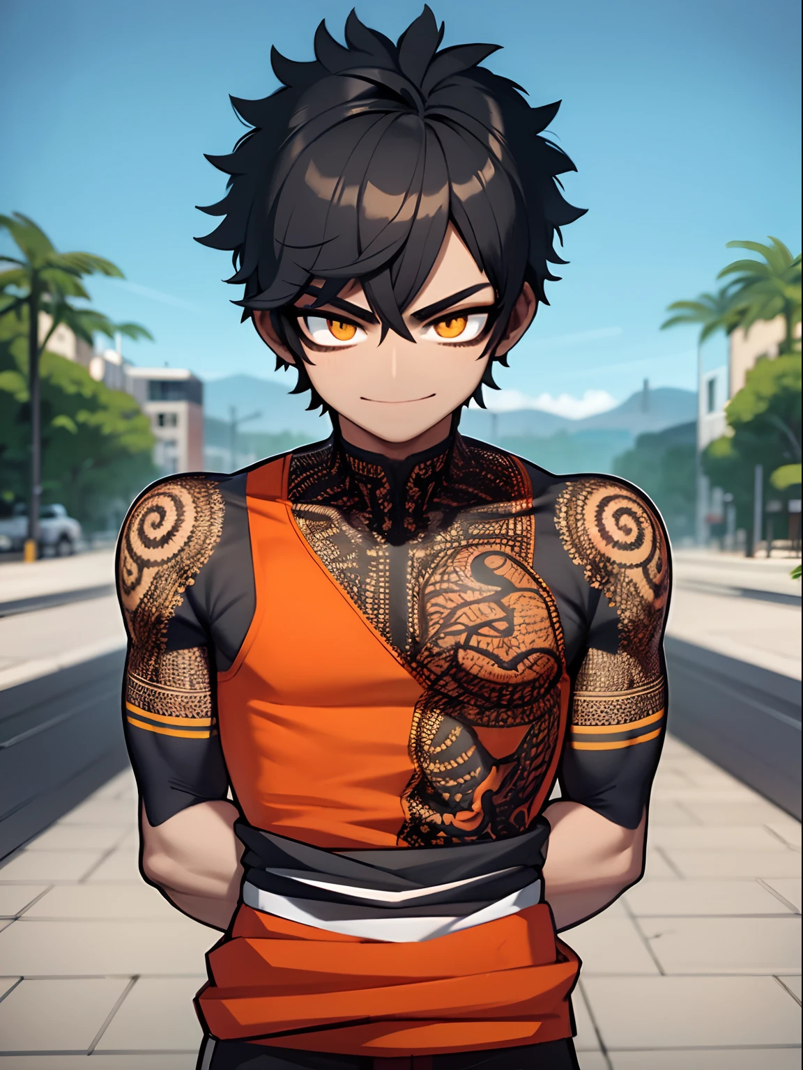 (masterpiece, best quality), 1boy, perfectly shredded body, black hair, looking at viewer, blurry foreground, upper body, tattoos, contemporary, bikes, ((intricate, print, pattern)), afro, perfect jawline, black hair, dappled sunlight, devious smile, wearing orange tracksuit, nike sneakers