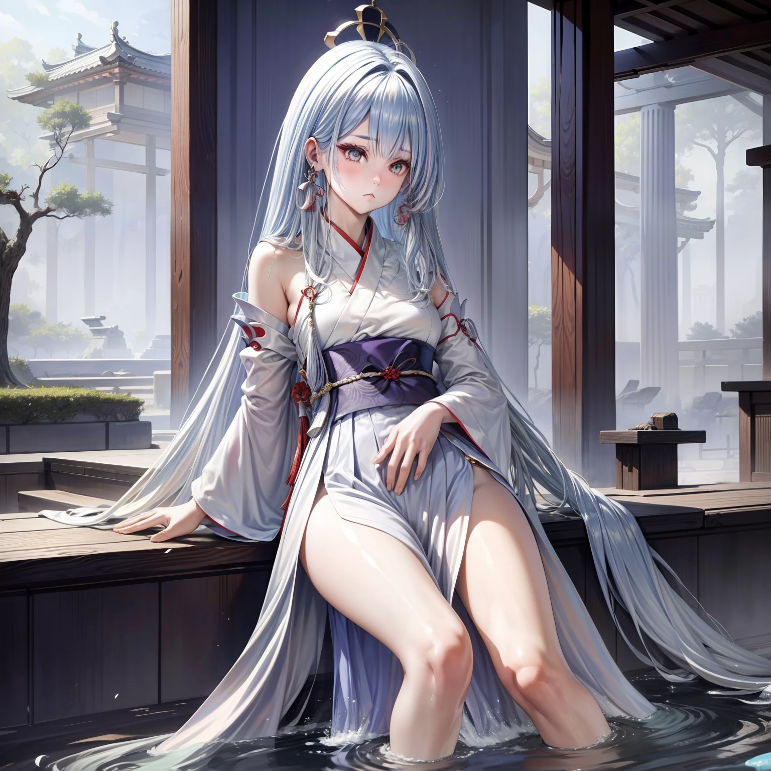 Kizi，Hanfu in his 20s, (wie z_swarm), tree, pool, White hair, Green eyes, Nahida_Genshin, , Masterpiece, Best quality