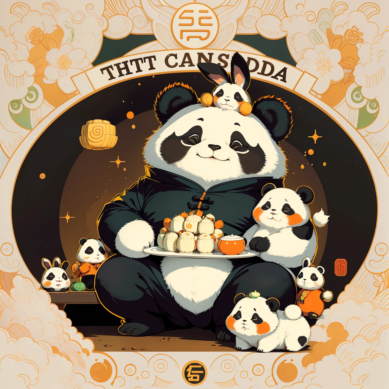 The chubby panda sat in front of it in Chinese-style colorful clothes and took a bite of a mooncake, There is a small rabbit on the head，The expression is gentle and cute，Very Q,The panda's expression was smiling，I took a bite with a mooncake in my left hand，The overall color is yellow、Orange colors、Green predominantly