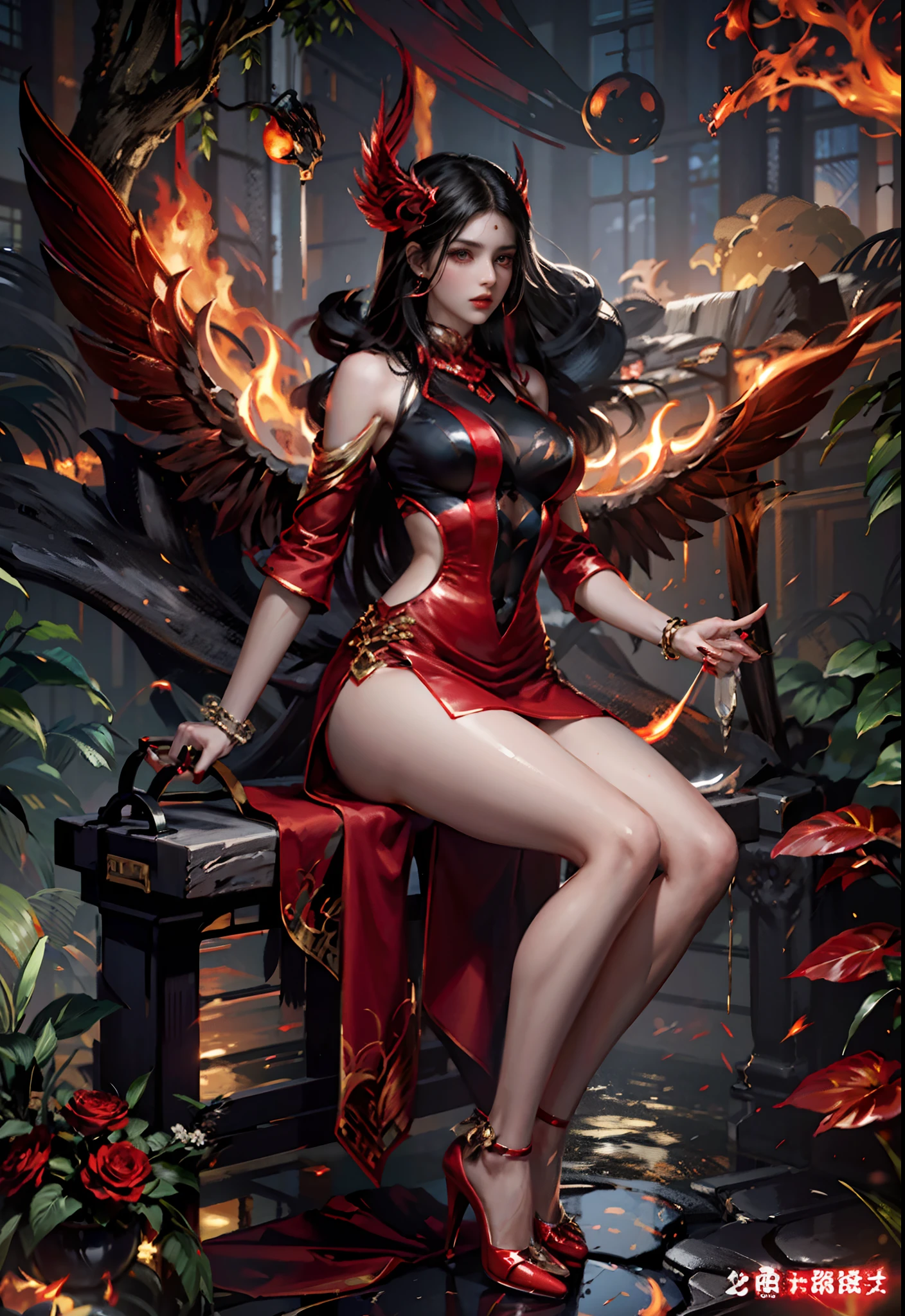 Personification of the phoenix red hairs Golden aura Wings of the Phoenix Chinese trench coat Hanging Eye Beauty