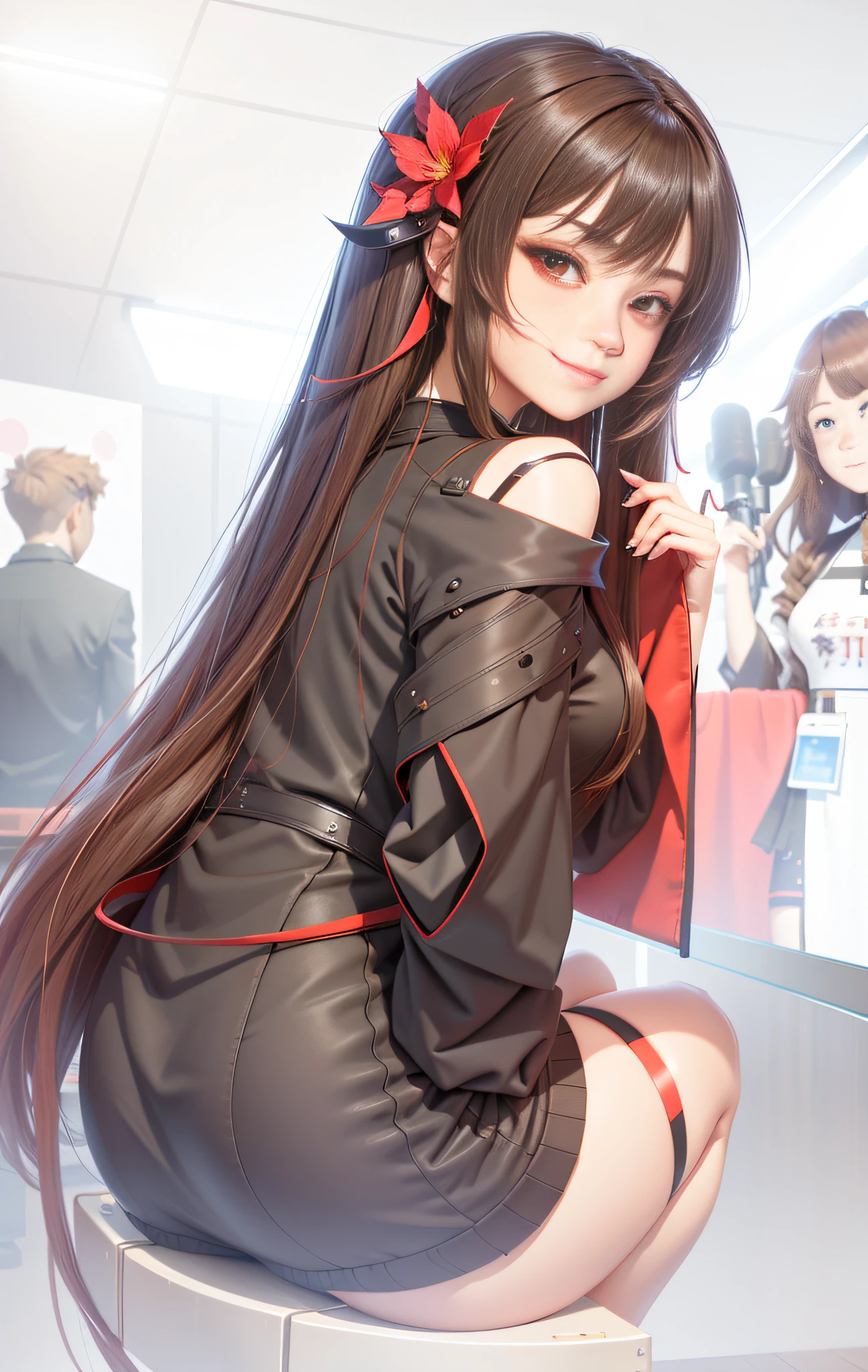 cinmatic lighting,high high quality, A high resolution, hyper-detailing, 8k, best qualtiy,Hutao \(Genshin Impact\), (Extremely detailed Cg Unity 8K wallpaper:1.1), (Best quality:1.1), (Ultra-detailed:1.1), (Best Illustration:1.1), (Best shadow:1.1), 1girll, Perfect anatomy, Brown hair, Very long hair:1.2,clubs, Red eyes, Blackn clothes,Black nail polish, solofocus, grin, Blush,(Sharp focus, Depth of field:1.2),浴室,Red towel,sitting on a stool,facing away from the audience,facing to audience