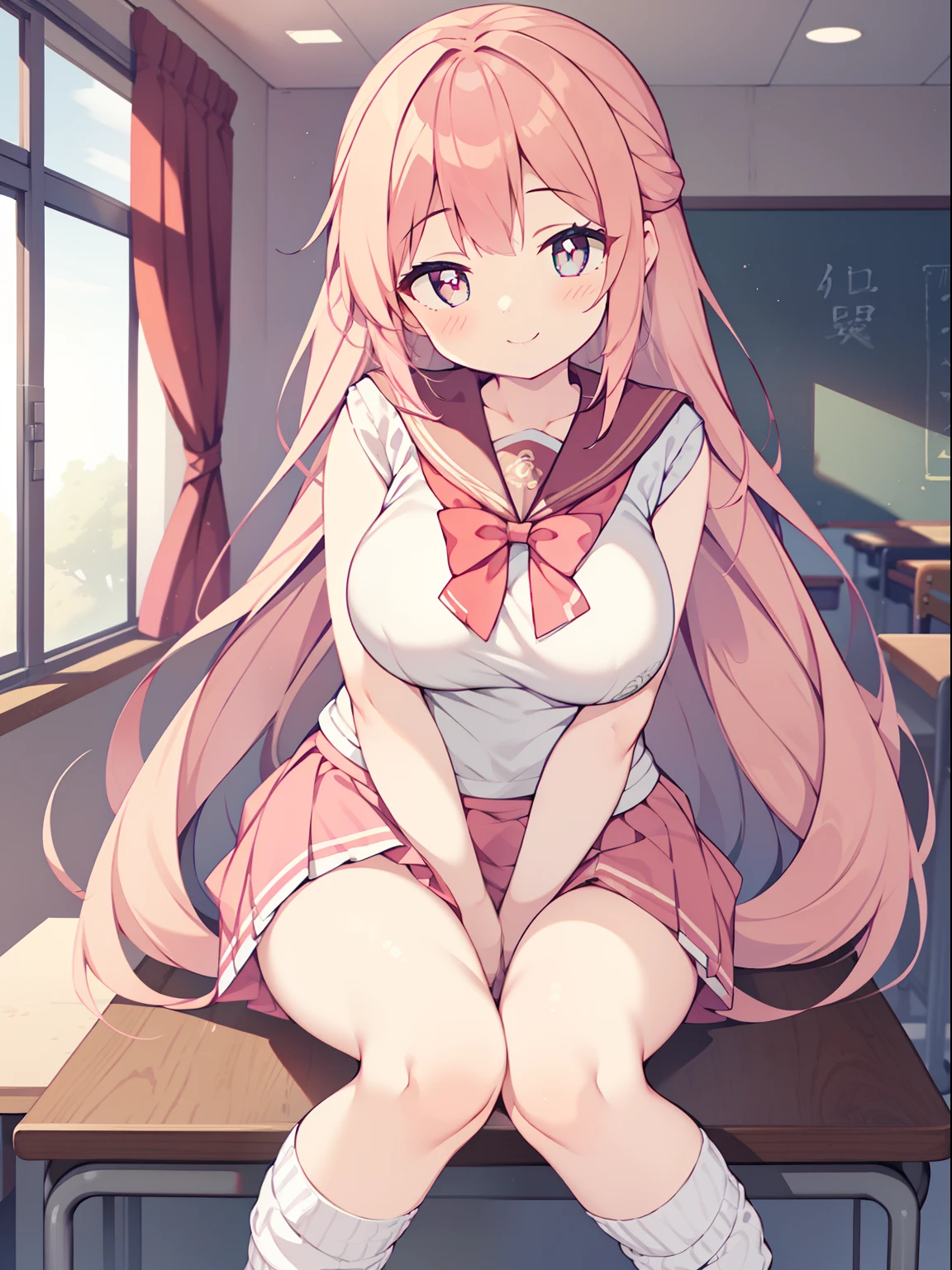 (1girl in:1.2), (Solo:1.2), masutepiece, nffsw、Shaders、Brilliant Textured Work、Ultra-detailed eyes、ultra-intricate pupil in eyes、top-quality、Pink hair、Very long hair、Lustrous hair、seducting smile、large full breasts、pink sailor suit、pink miniskirt、loose socks、Standing Picture、Evening Classroom、Sitting at a desk、