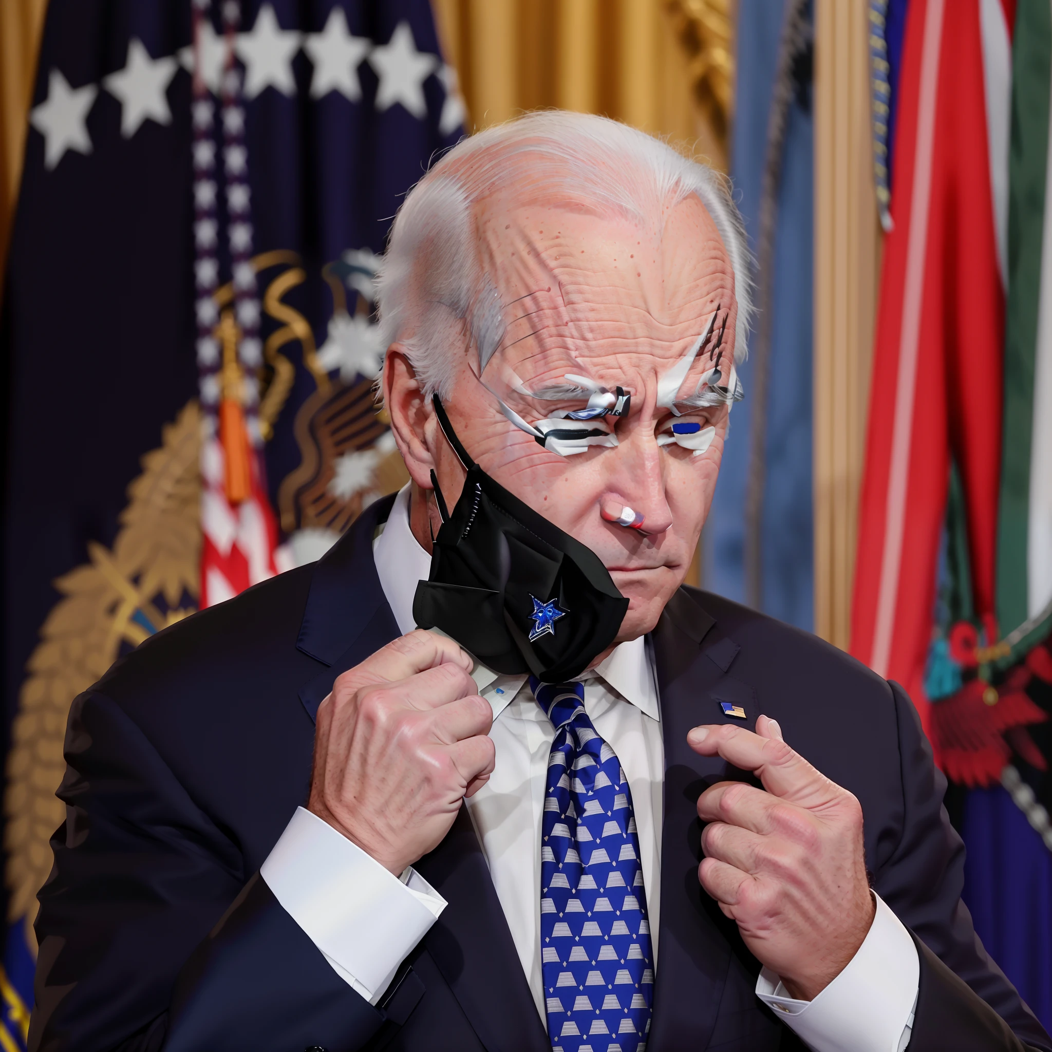 arafed image of Joe Biden sneakily taking off his black mask, joe biden looking sinister as he removes his black mask
