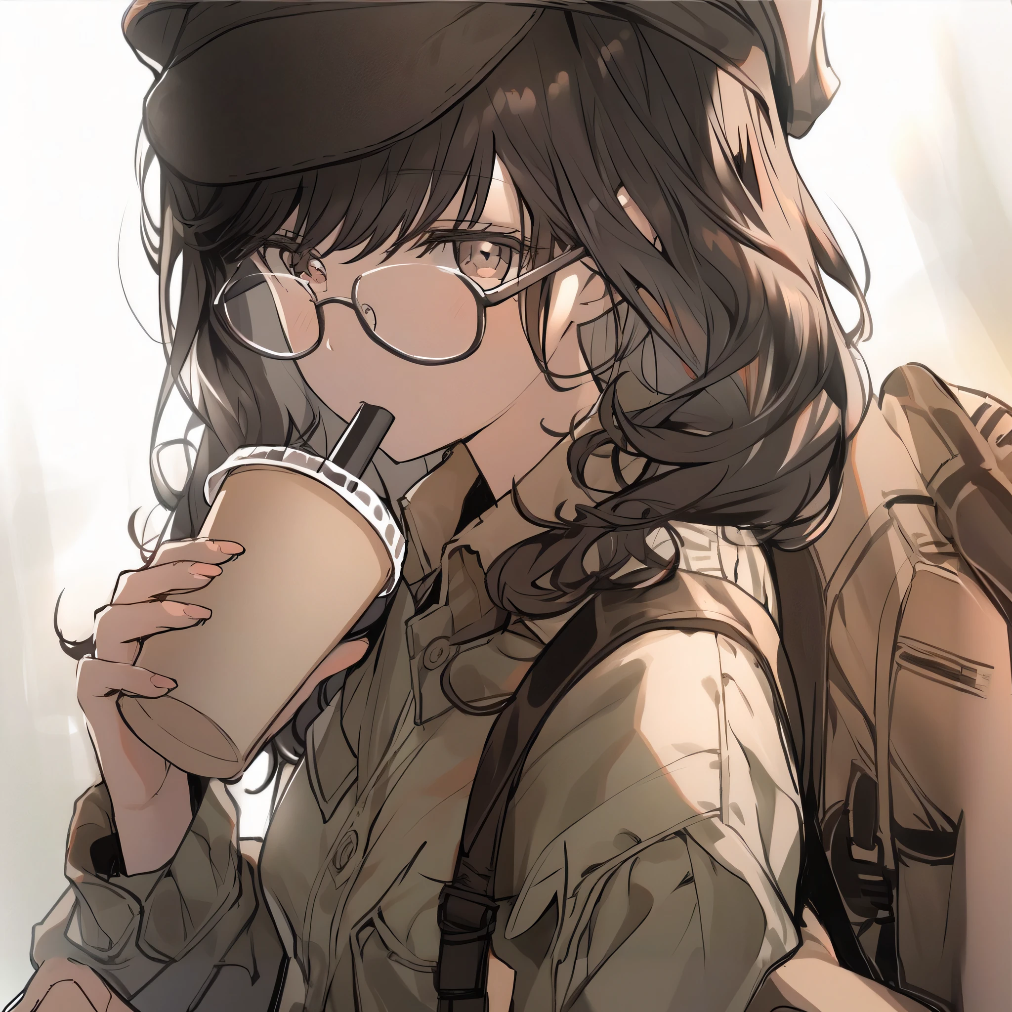 Anime girl in glasses and hat drinks coffee, guweiz, from girls frontline, artwork in the style of guweiz, girls frontline style, Kantai Collection Style, Fine details. girls' frontline, girls frontline cg, anime moe art style, Women's Last Tour, guweiz on pixiv artstation, anime girl drinks energy drink, kawacy