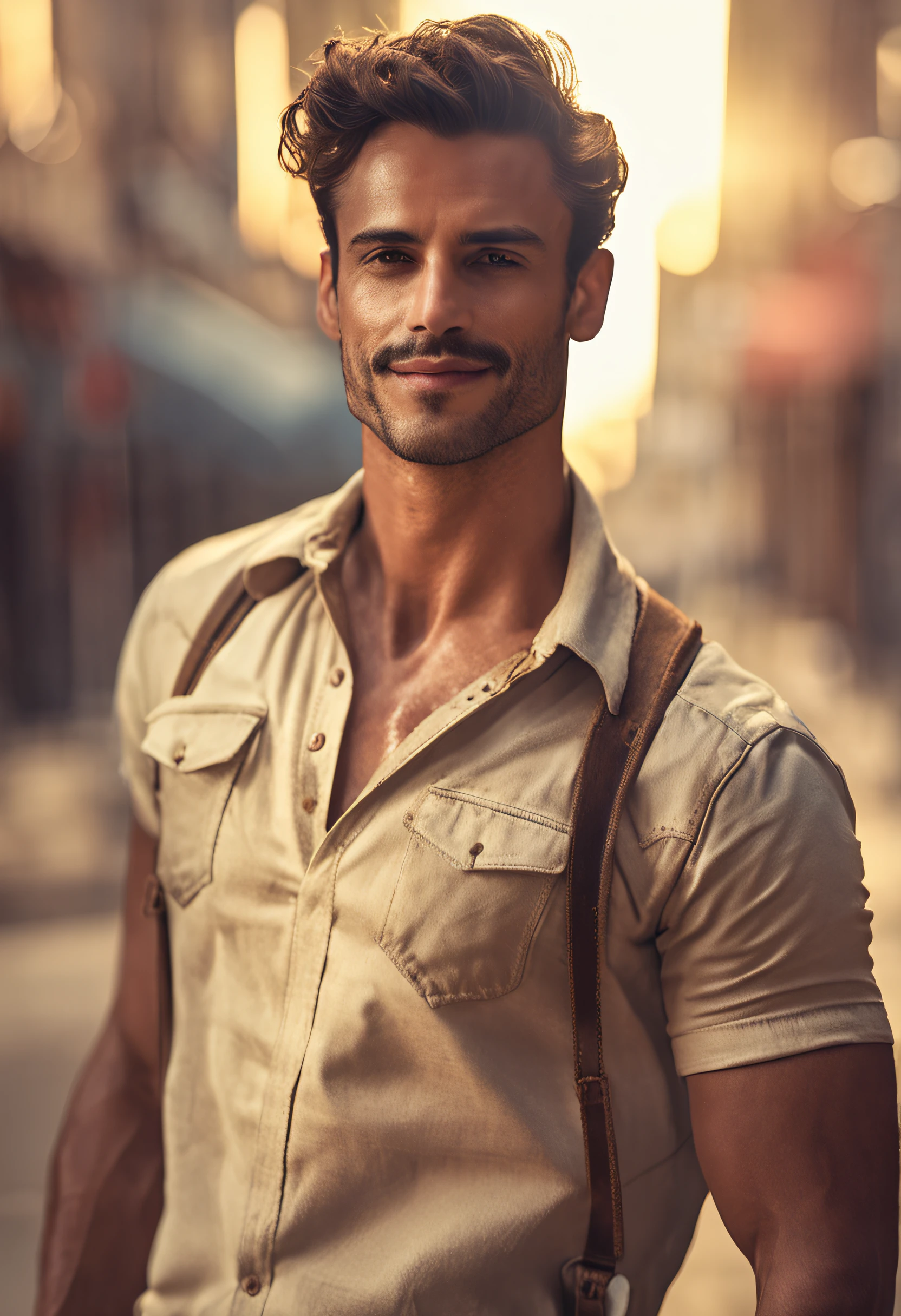 Cinematic soft lighting illuminates a handsome Brazilian male model with stunning detail and ultra-realistic，Wear only one vest，Full body photo of the front，Handsome look，Messy short brown hair，Clear honey eyes，Charming perfect smile，Raised sexy，Hot man，Insanely Handsome，This is the trend on the ArtStation。The Octane is the perfect tool to capture the softest details of this 16k photographic masterpiece。