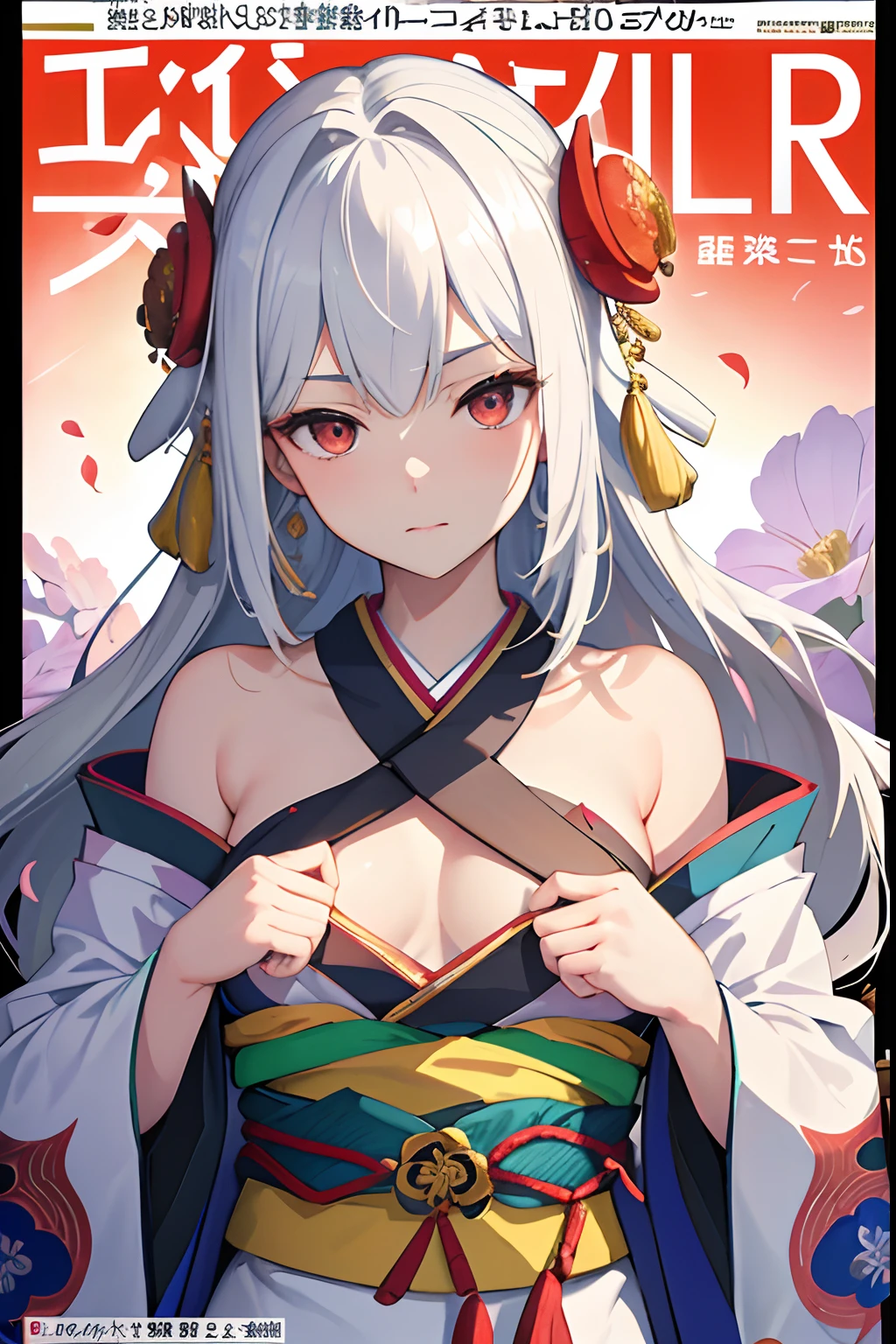 (masuter piece,Best Quality,Ultra-detailed), (A detailed face), Ba Gozen, FGO, Movie Posters, hight resolution, 1girl in, (front-facing view), (portlate), White hair, length hair, red eyes, , The upper part of the body, flat-chest, (Beautiful Detail Eye: 1.1), (Detailed hand), (Detail light: 1.1), Desportivo, Film Light, Pale skin type, Ready for Battle, Warring states period, Pike, (looking at the viewers), (magazine:1.3), (cover-style:1.3), Textured skin, Super Detail, Tarot Boundary, border, Alfonse Mucha, Dynamic streaks, locus:1.2, Dim color scheme, portraitures, Look at viewers, 独奏, (full body Esbian:0.6), A detailed face, Strong gaze, soft smiling, (onimous:1.5), (Combative kimono:1.5), bare shoulders, sleeveless, Flowers and petals, beautiful concept illustration, (white backgrounid:0.5), (illustratio:1.1), (Very fine and beautiful:1.1), (perfect detail:1.1), Cowboy Shots, Fate/Grand Order