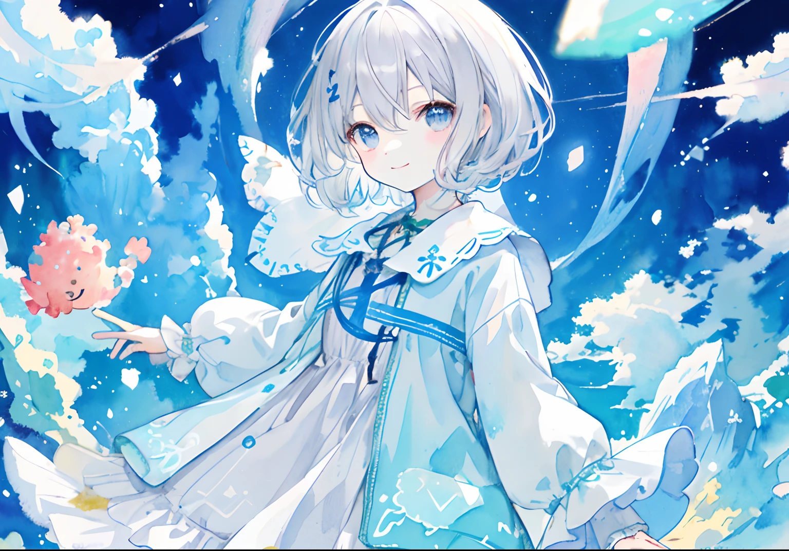 PastelColors:1.5)、(Cute illustration:1.5)、(watercolor paiting:1.2)、Light blue background、girl with、full body Esbian、A smile、Stranger、Pale yellow all over、Moya、marble、abyssal、The corals、the reef、Little light around、Particles of light、short hair, grey hair, black eyes, coat, standing, High Spirits/Motivated, Pale skin, outdoors, city, looking at viewer, thick outline, black outline, --niji 5 --style cute --ar 1:1 --s 600