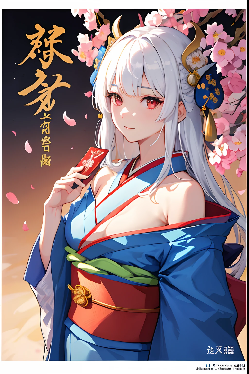 (masuter piece,Best Quality,Ultra-detailed), (A detailed face), Ba Gozen, FGO, Movie Posters, hight resolution, 1girl in, (front-facing view), (portlate), White hair, length hair, red eyes, , The upper part of the body, flat-chest, (Beautiful Detail Eye: 1.1), (Detailed hand), (Detail light: 1.1), Desportivo, Film Light, Pale skin type, Ready for Battle, Warring states period, Pike, (looking at the viewers), (magazine:1.3), (cover-style:1.3), Textured skin, Super Detail, Tarot Boundary, border, Alfonse Mucha, Dynamic streaks, locus:1.2, Dim color scheme, portraitures, Look at viewers, 独奏, (full body Esbian:0.6), A detailed face, Strong gaze, soft smiling, (onimous:1.5), (Combative kimono:1.5), bare shoulders, sleeveless, Flowers and petals, beautiful concept illustration, (white backgrounid:0.5), (illustratio:1.1), (Very fine and beautiful:1.1), (perfect detail:1.1), Cowboy Shots, Fate/Grand Order