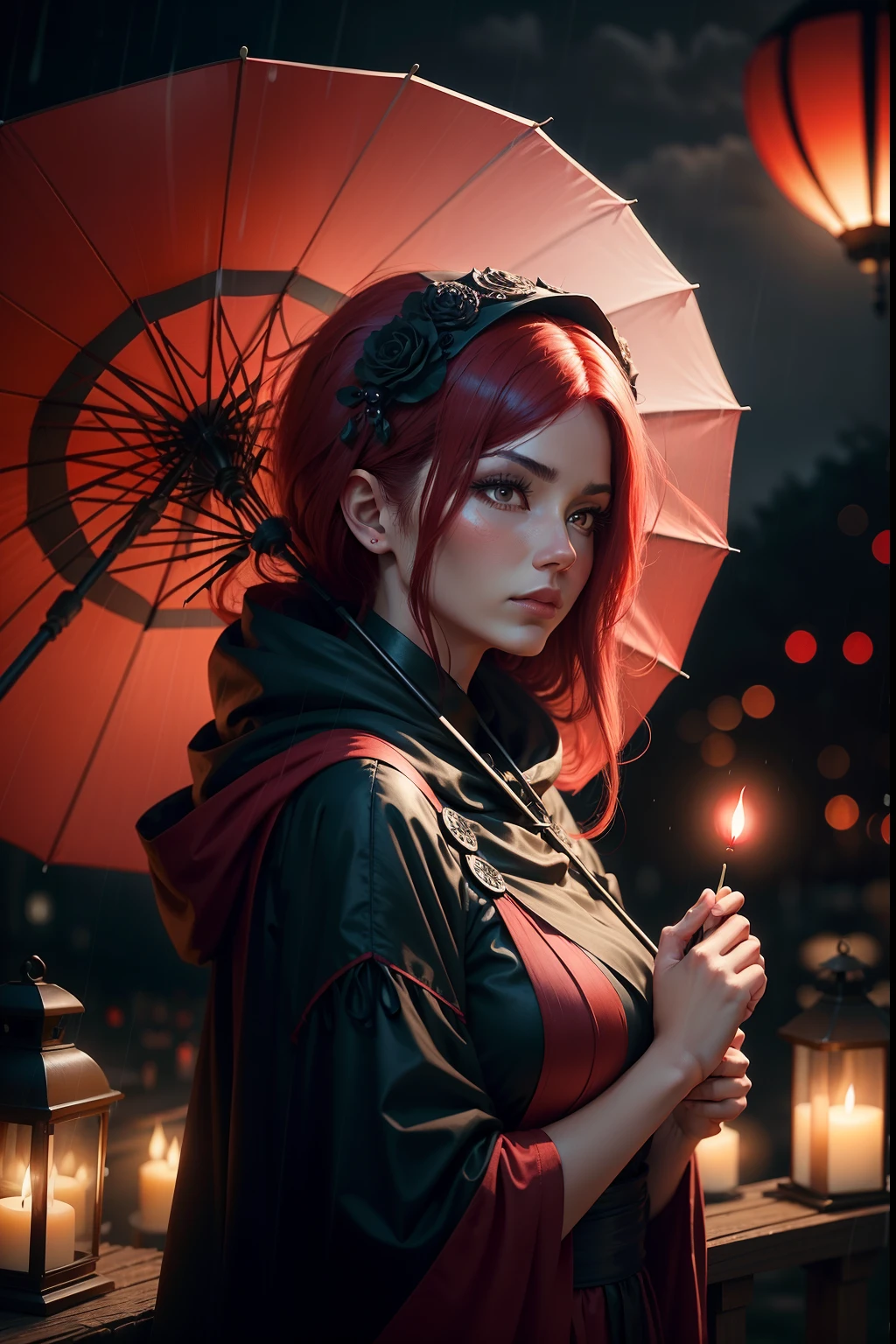 Woman in Red,cabelos preto e longos,ancient wind,Black paper umbrella,Faraway view,red headgear,high qulity,Red lanterns,the night,waxy candles,rained,Melancholic atmosphere