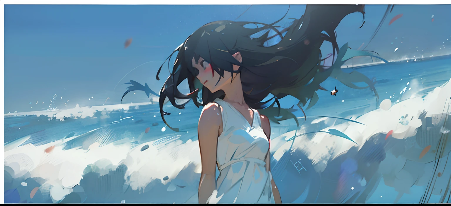 Anime girl standing on beach in white dress with waves background, conrad roset and makoto shinkai, Artgerm and Atey Ghailan, Blue sea. By Makoto Shinkai, Makoto Shinkai Cyril Rolando, rhads and lois van baarle, Guviz-style artwork, ( ( Makoto Shinkai ) )by Atey Ghailan, Inspired by Atey ghailan, in style of atey ghailan, Artgerm and Atey Ghailan, atey ghailan 8 k, floating drowned, inspired by Ross Tran, Guviz-style artwork, brittney lee