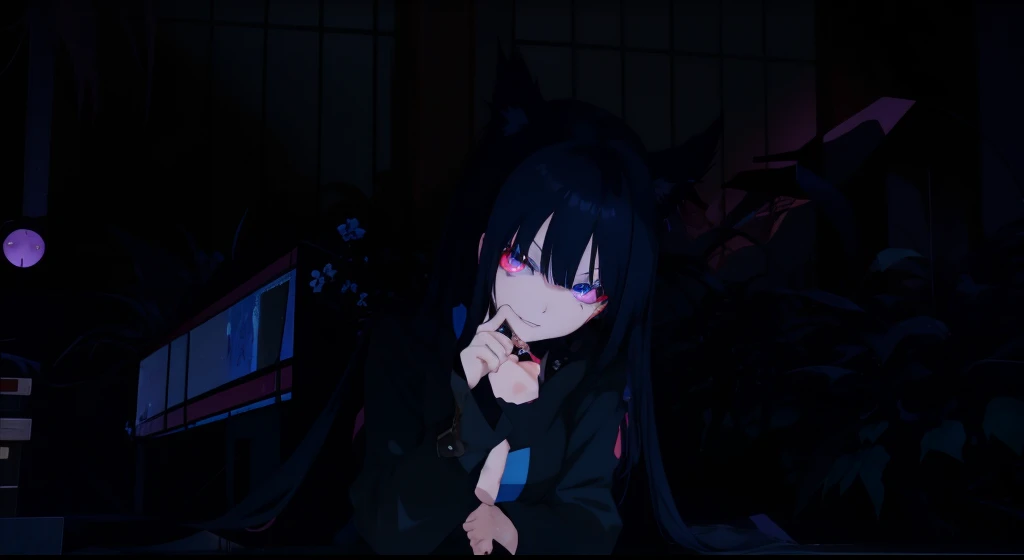 anime character with long black hair and blue eyes in a dark room, vrchat, 1 7 - year - old anime goth girl, hanayamata, 8k!!, sinister pose, anime styled 3d, gapmoe yandere grimdark, with glowing eyes, black - haired mage, with index finger, nighttime!!, anime style. 8k