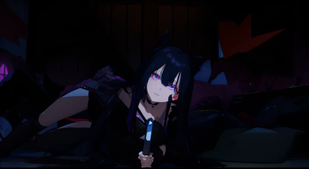 anime character with long black hair and blue eyes in a dark room, vrchat, 1 7 - - old me goth girl, hanayamata, 8k!!, sinister pose, anime styled 3d, gapmoe yandere grimdark, with glowing eyes, black - haired mage, with index finger, nighttime!!, anime style. 8k