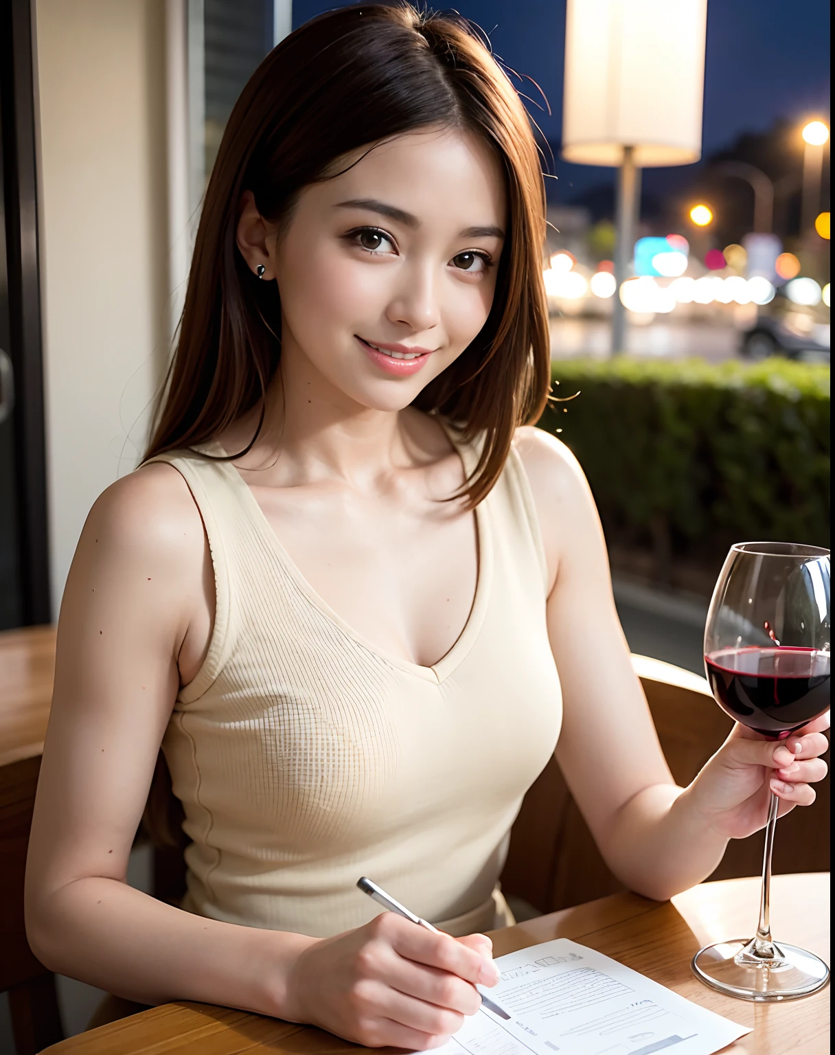(64K, UHD, top quality, masterpiece: 1.2), (realistic, photorealistic: 1.37), super detailed, pretty woman 1 person, (slim face), (slim body), (brown hair), (short cut), cheeks slightly blushing, (44 years old), 38 years old, solo, beautiful detailed urban night view outside the window, restaurant, wine glasses sit, at night, in a prominent placeNovaFrogStyle, Actress, Model, Waist Up, White Wine, Slim, Wine Glass, Super Clean Night View, Wine Glass Put in the Middle, Happy Smile, (Smile: 1.15), Beautiful Fine Eyes, Upper Body, Bust Japan Up, Night, Short, Short, Actress, Model, Waist Up, White Wine, Slim, Wine Glass, Super Clean Night View, Wine Glass Put in the Middle, Happy Smile,