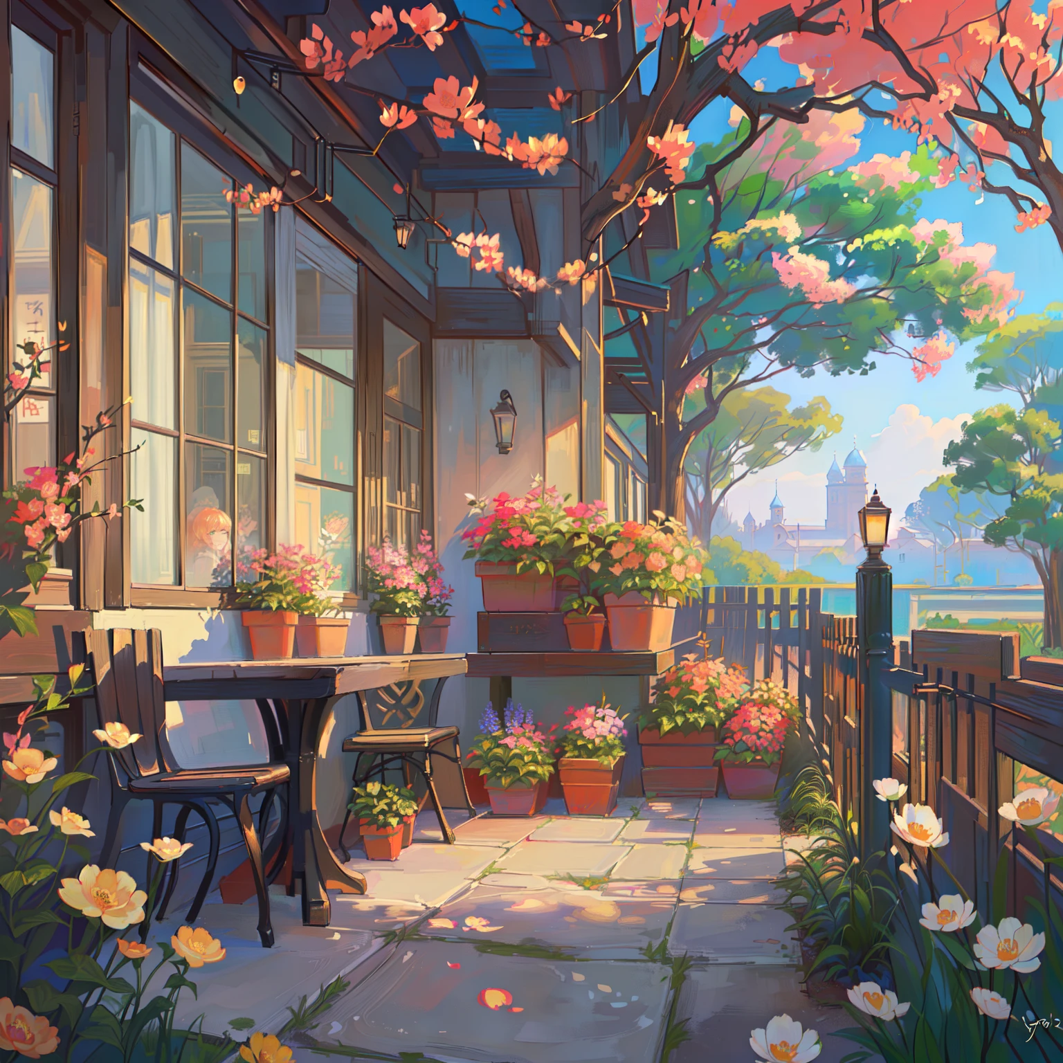 There is a courtyard painting,It has orange flowers and benches, Anime background art, cozy cafe background, floral environment, beautiful anime scenes, beautiful anime scenery, Beautiful and peaceful scenes of the anime, flower shop scene, Detailed scenery —width 672, arte de fundo, landscape artwork, beautiful aesthetic art, Ni Yuanlu, Background Illustration, Yang J, 🌺 CGSesociety