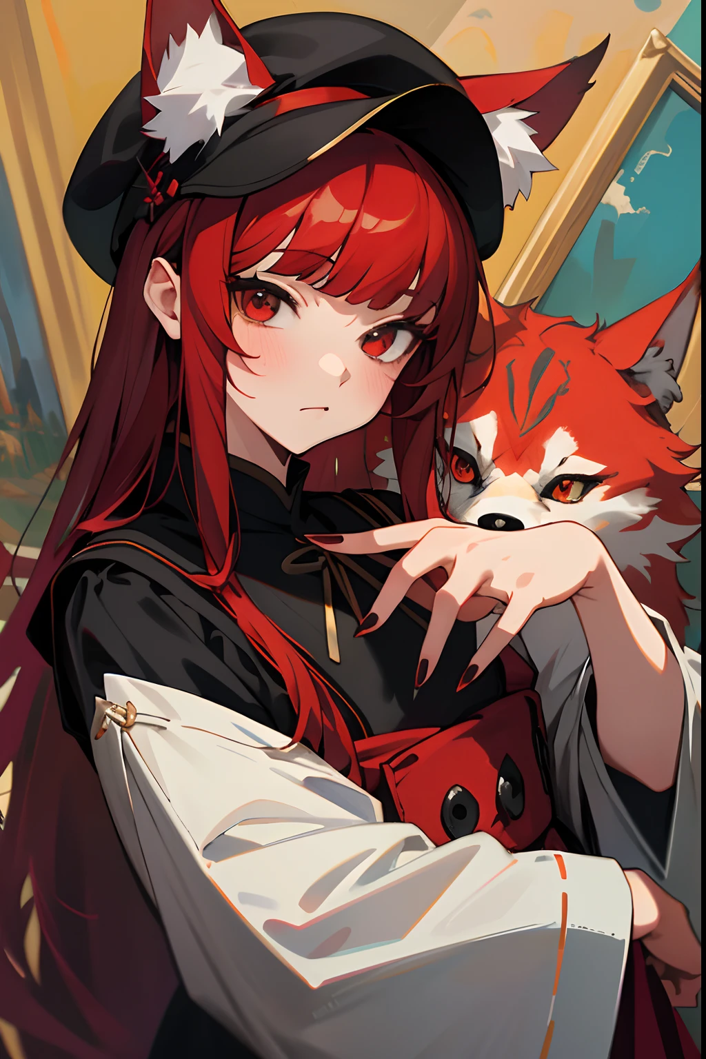 tmasterpiece,Need,The best beautiful girl,Extremely beautiful,World Masterpiece Theatre,super-fine,Need,Need,redheadwear,red color eyes，Bazi bangs，Wolf ears，nekomimi，Black nail polish，A high resolution,Need,1girl,Need,illustratio,looking at viewert, impasto, canvas, oil painted, realistic, realist,real,