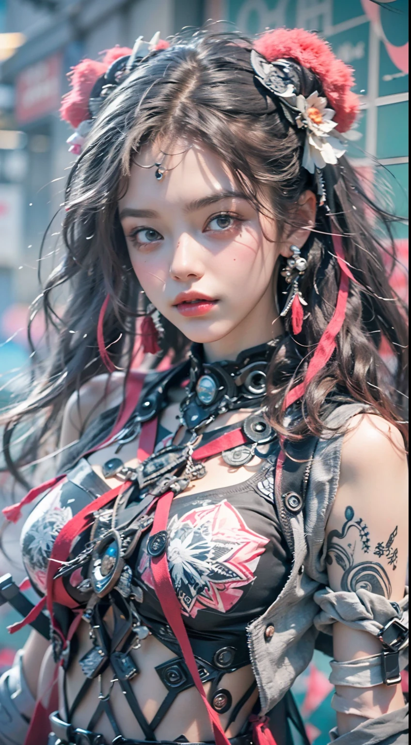 offcial art, Unity 8k wallpaper, Ultra detailed, Beautiful and aesthetic, Beautiful, Masterpiece, Best quality, (zentangle, mandalas, Tangled, entangle), 8K, Skin texture:1.4, tmasterpiece:1.4,Pose behind beauty，(Cyberpunk style Lolita costume in random colors)，