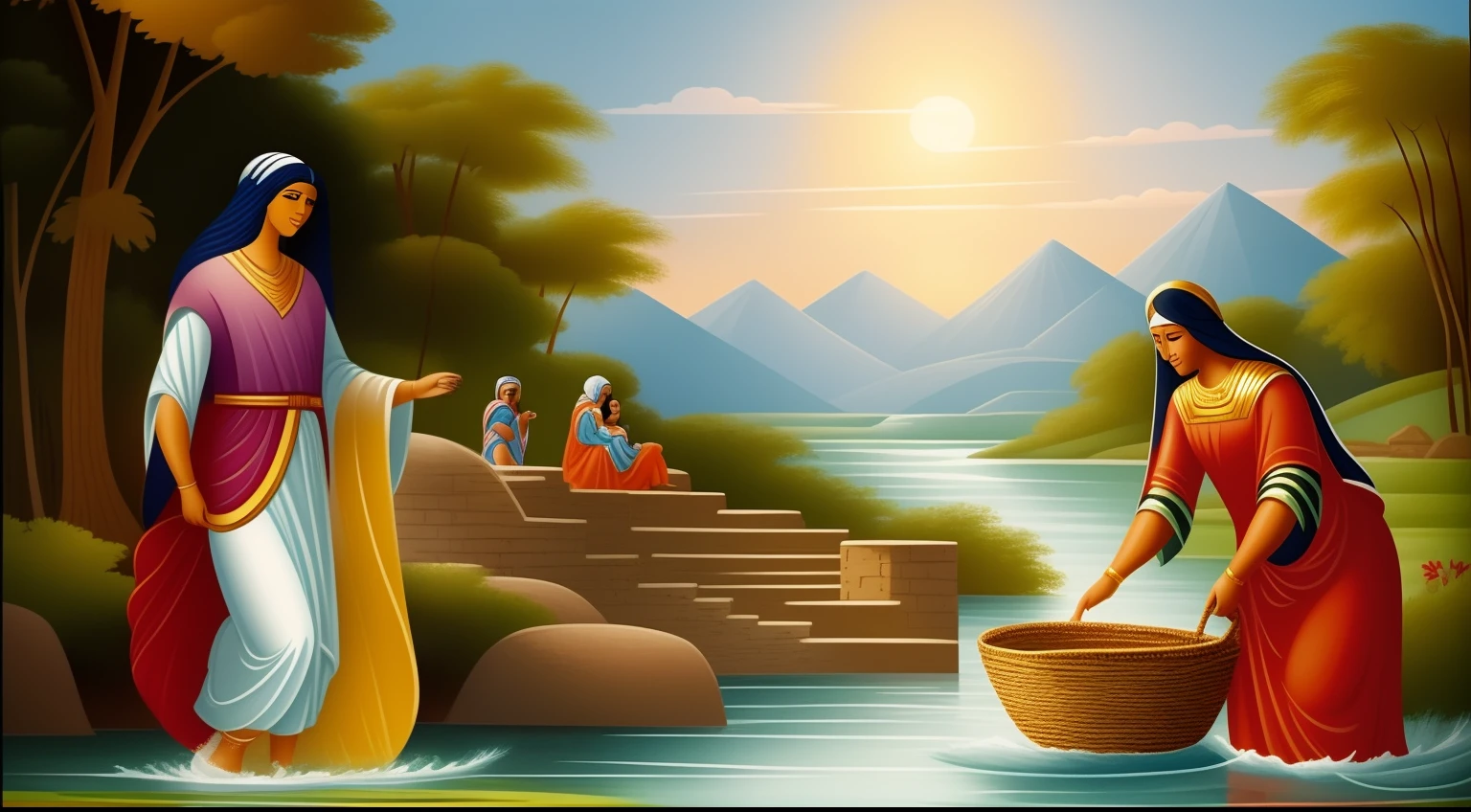 The Birth of Moses:
An illustration of Moses' mother placing him in a basket and throwing him into the waters of the Nile River.
Image of Pharaoh's daughter finding the basket with baby Moses in the waters of the river.